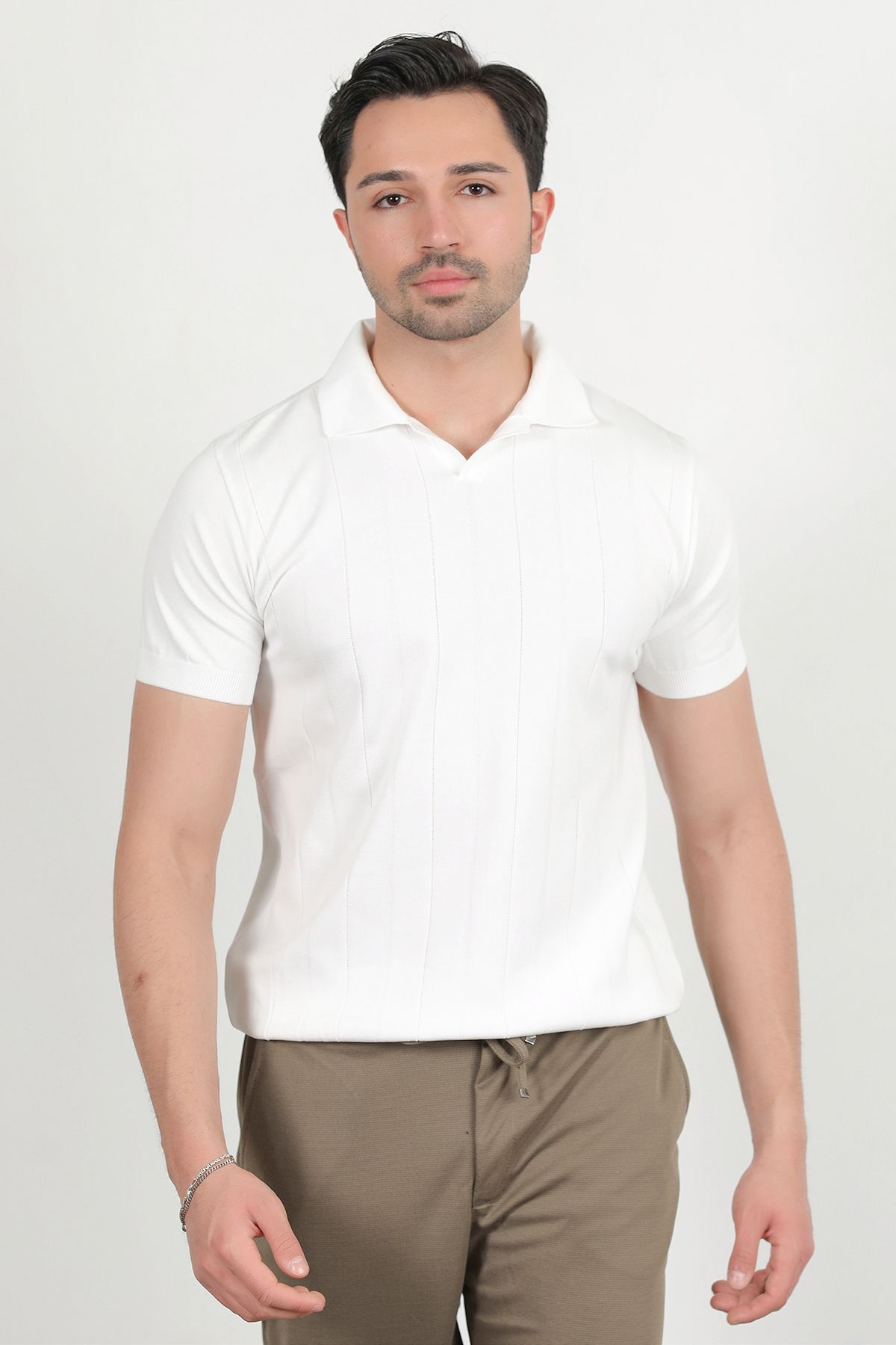 JB John Borners Erkek Polo Yaka Kısa Kol Çizgili Triko T-Shirt Beyaz - 2503