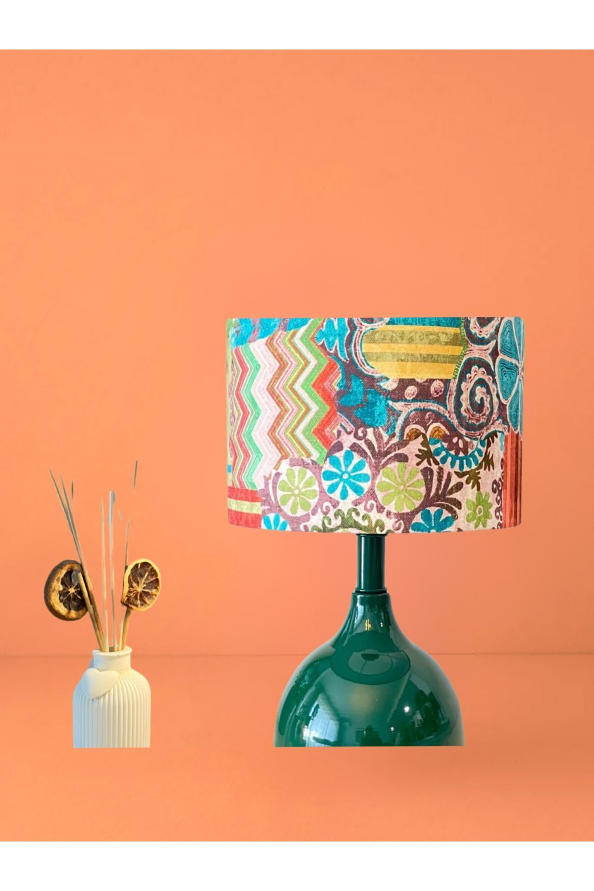 retro home design Yeşil Renk Ayaklı Çok Renkli Kadife Kumaş Şapkalı Modern Abajur Yatak Odası Salon