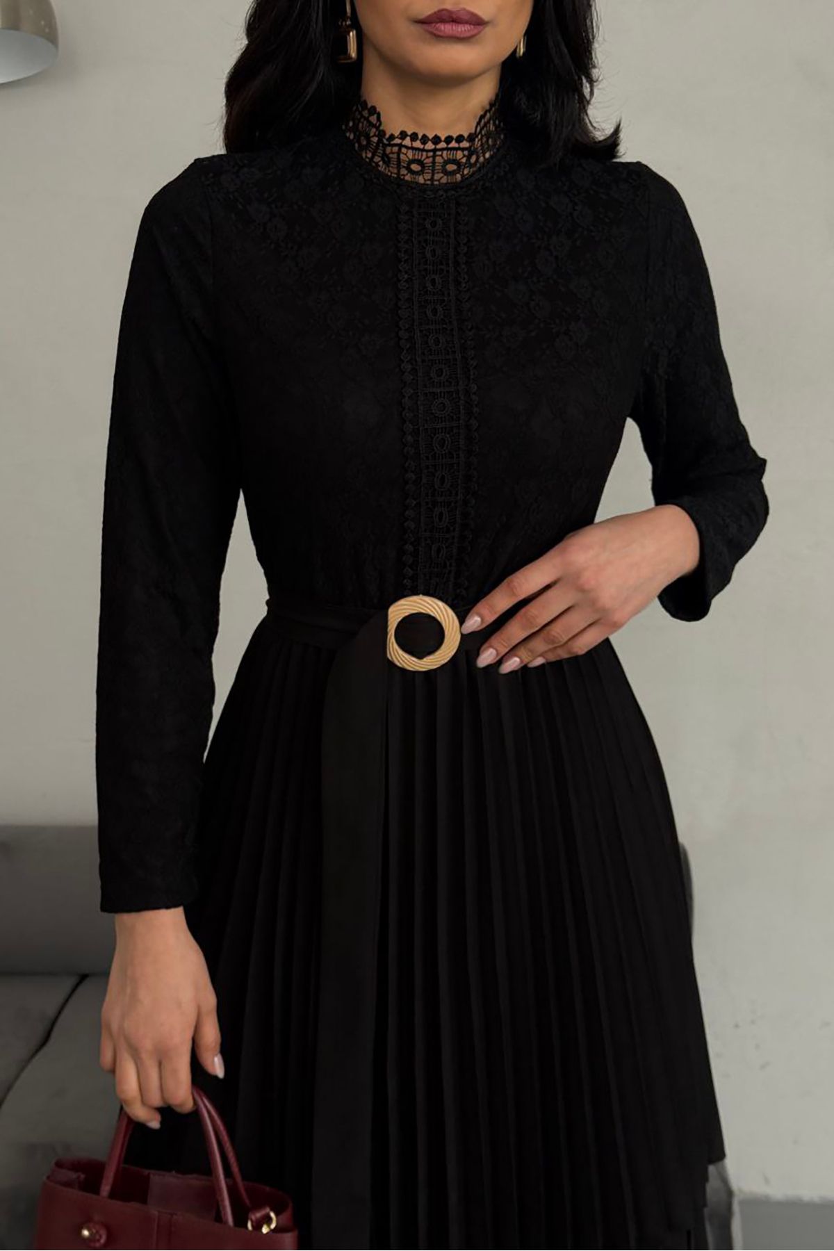 XXL BUTİK XXL Butik kadın kemerli eteği piliseli dantel detaylı uzun elbise X-NBMS2525