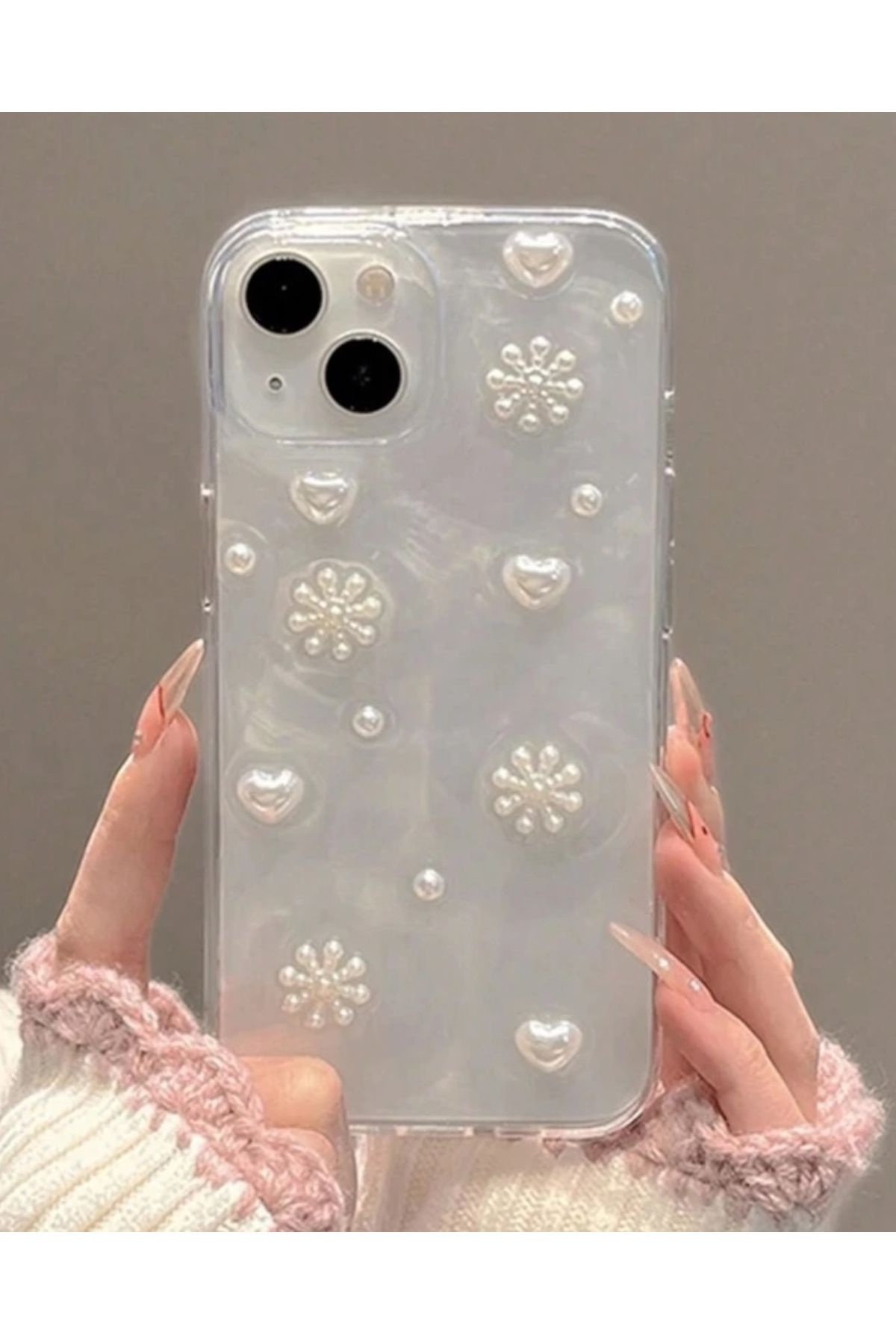 KILIF HOUSE Iphone 14 Uyumlu Kar Taneli İncili Kalpli Kılıf