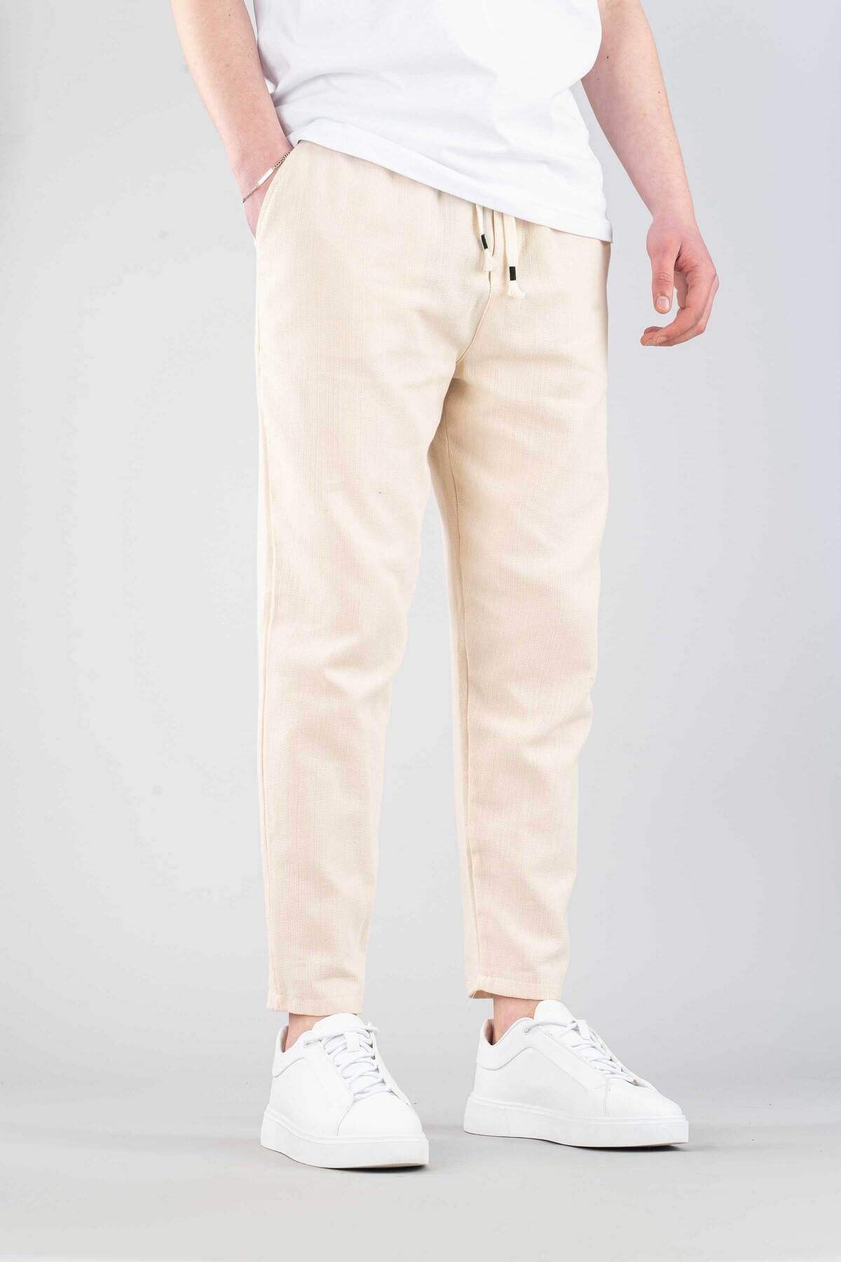 bombe-Men's Beige Casual Linen Boyfirend Pants Elastic Waist Drawstring Jogger Trousers 4