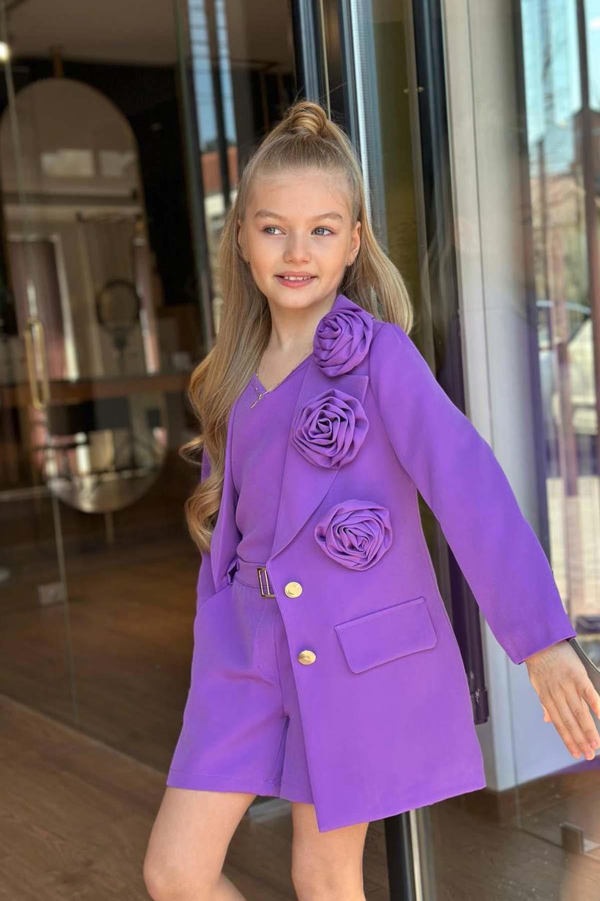 Riccotarz-Girl's Gold Buttoned and Rose Brooch Blazer Jacket Suspender Combed Cotton Blouse Purple Shorts Suit 3