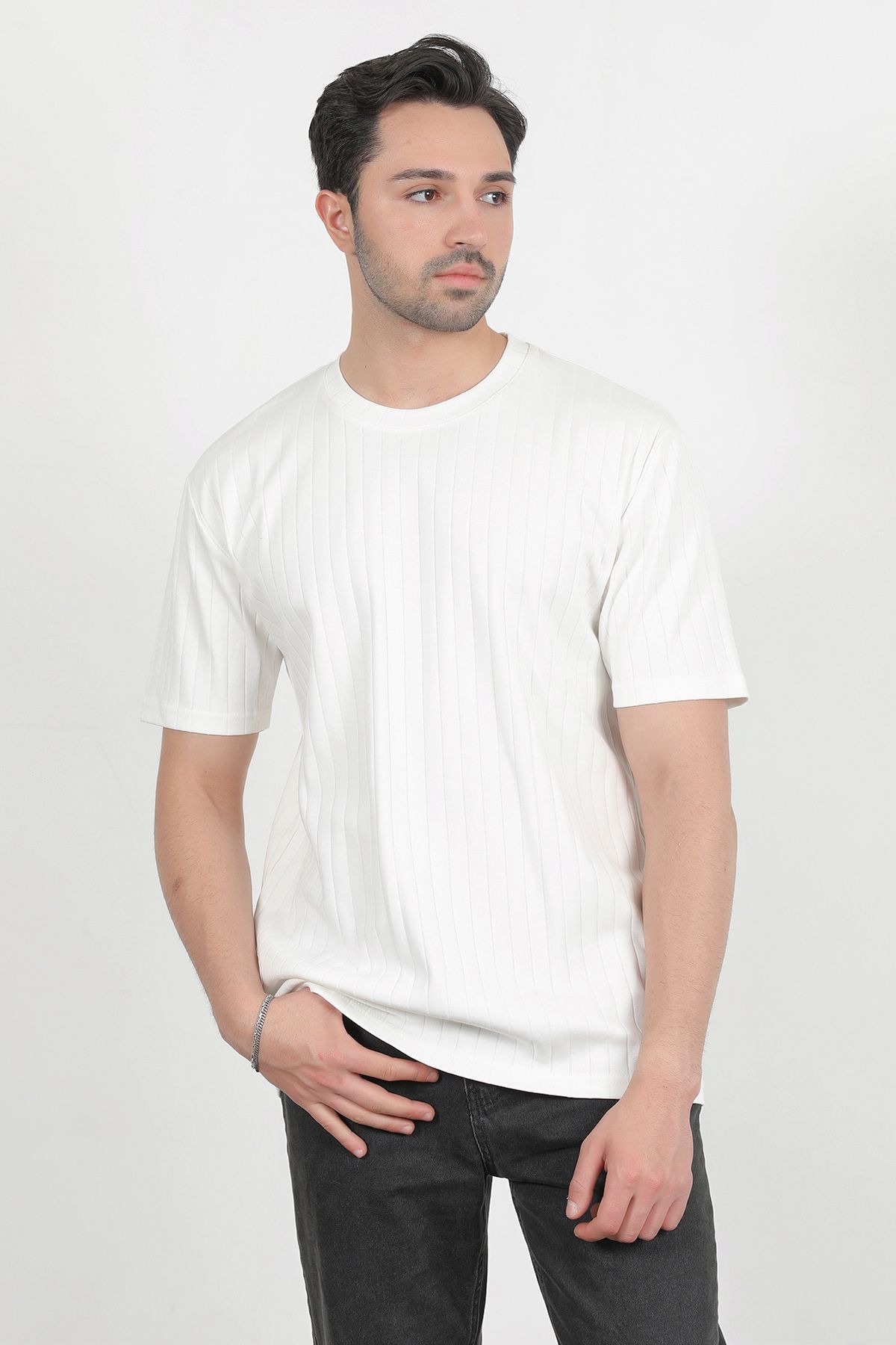 JB John Borners Erkek Bisiklet Yaka Fitilli %100 Pamuklu T-Shirt Beyaz - 3015