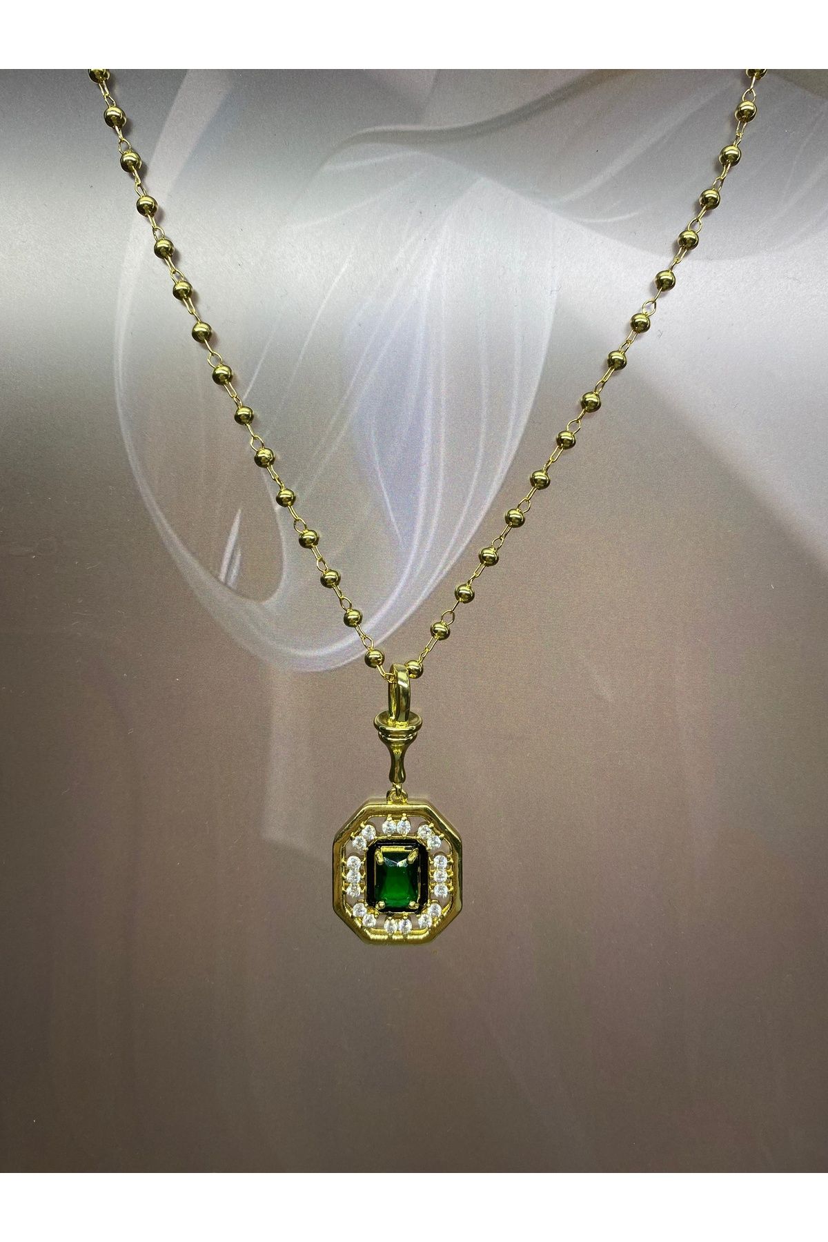 season jewelry YEŞİL BAGET TAŞLI ÇELİK KOLYE