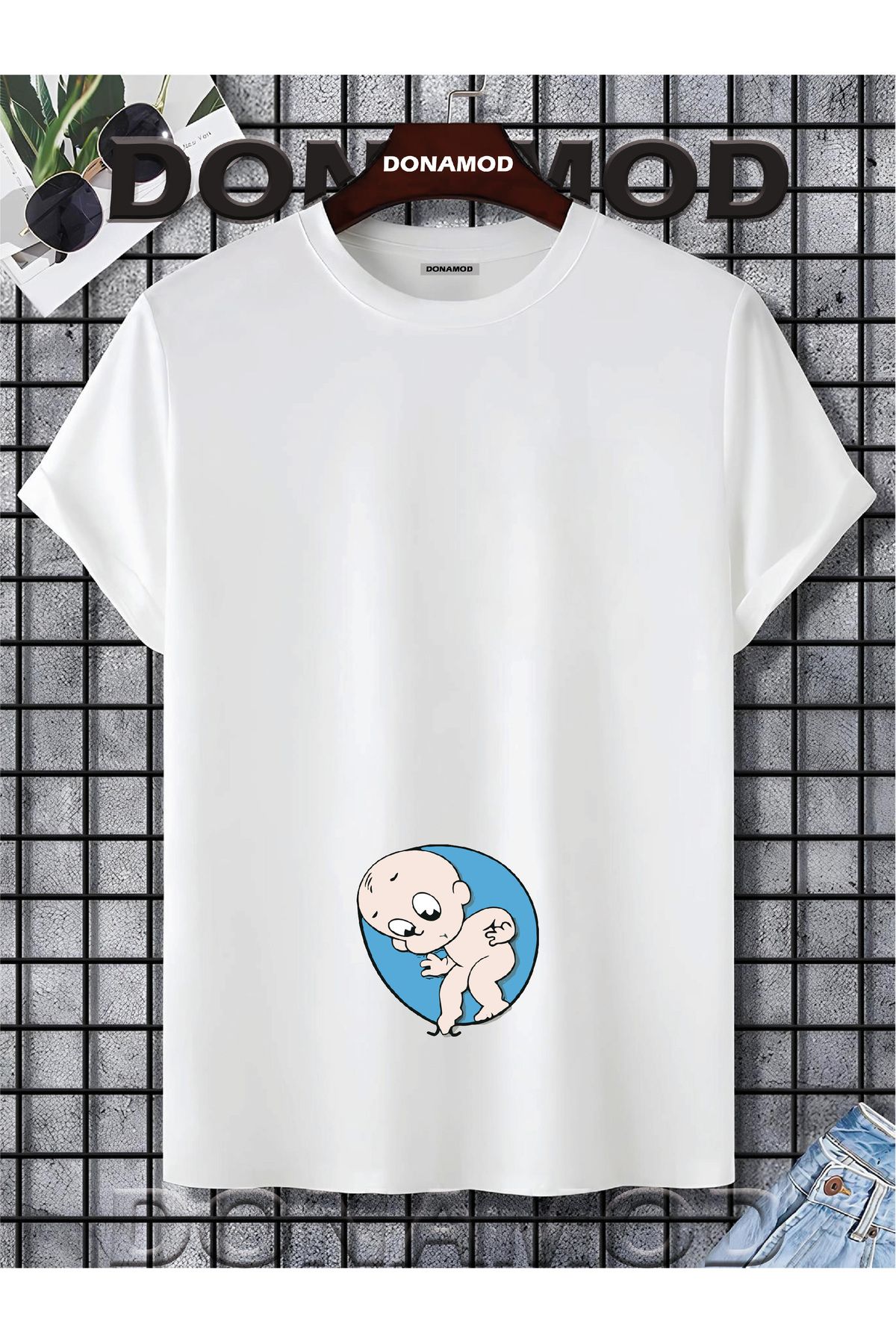 donamod Siyah Beyaz Unisex Kısa Kollu Oversize Geniş Kalıp Hamile Bebek Anne Hediye Tasarımlı Tişört T shirt