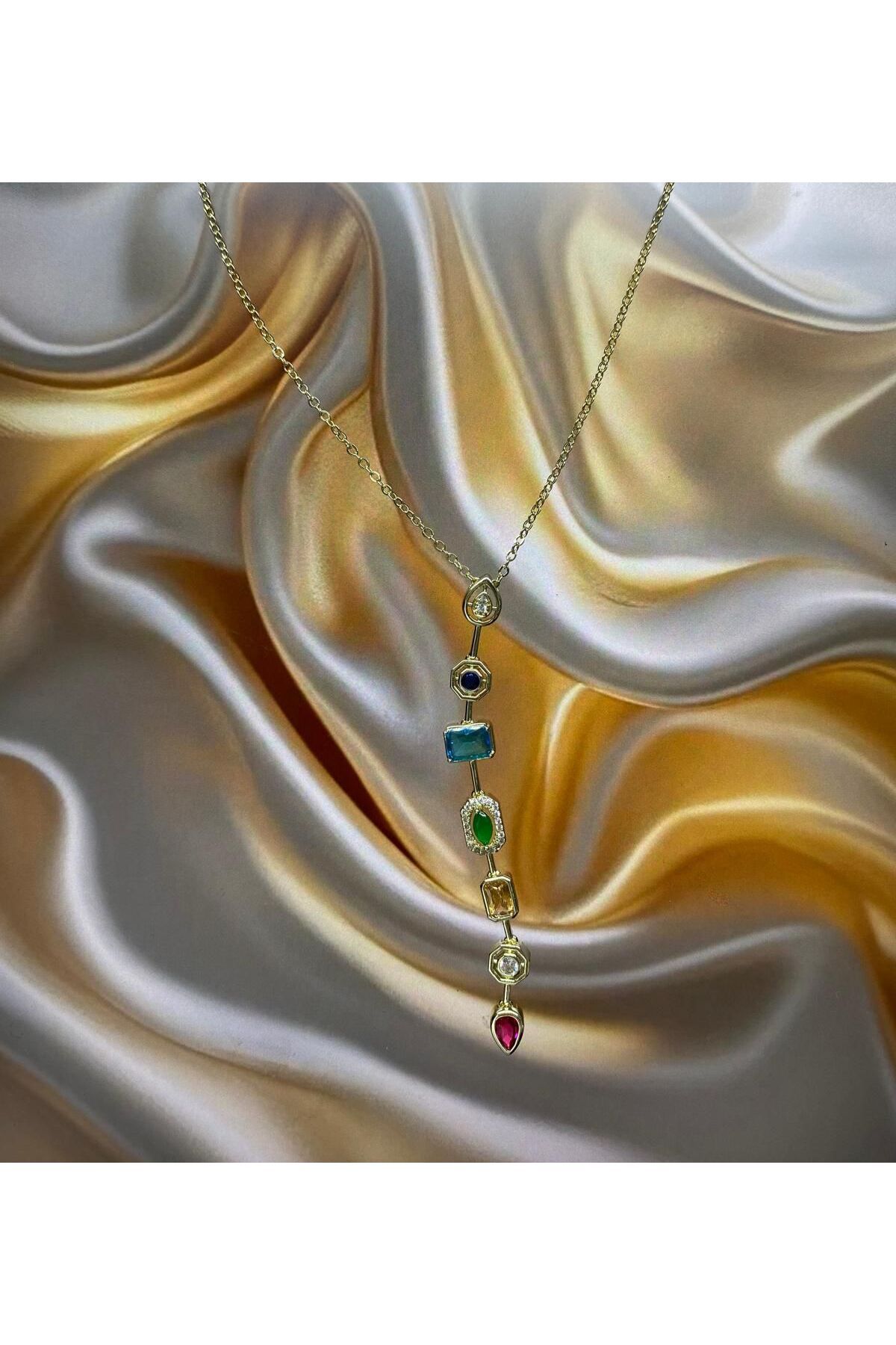 season jewelry ÇELİK YEDİ ELEMENT Y KOLYE RENKLİ TAŞLI KADIN KOLYE
