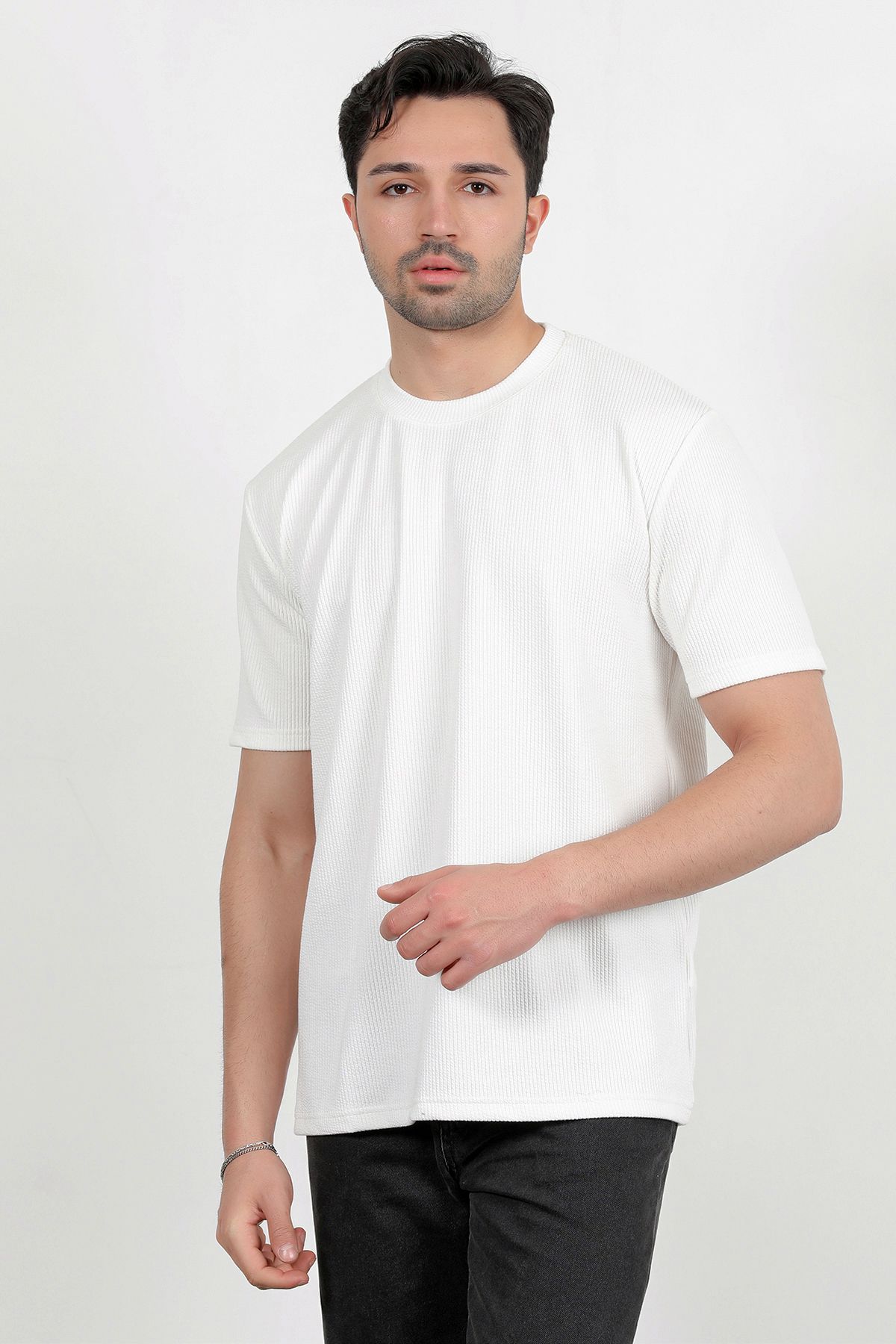 JB John Borners Erkek Bisiklet Yaka Kısa Kol Dokulu T-Shirt Beyaz - 2767