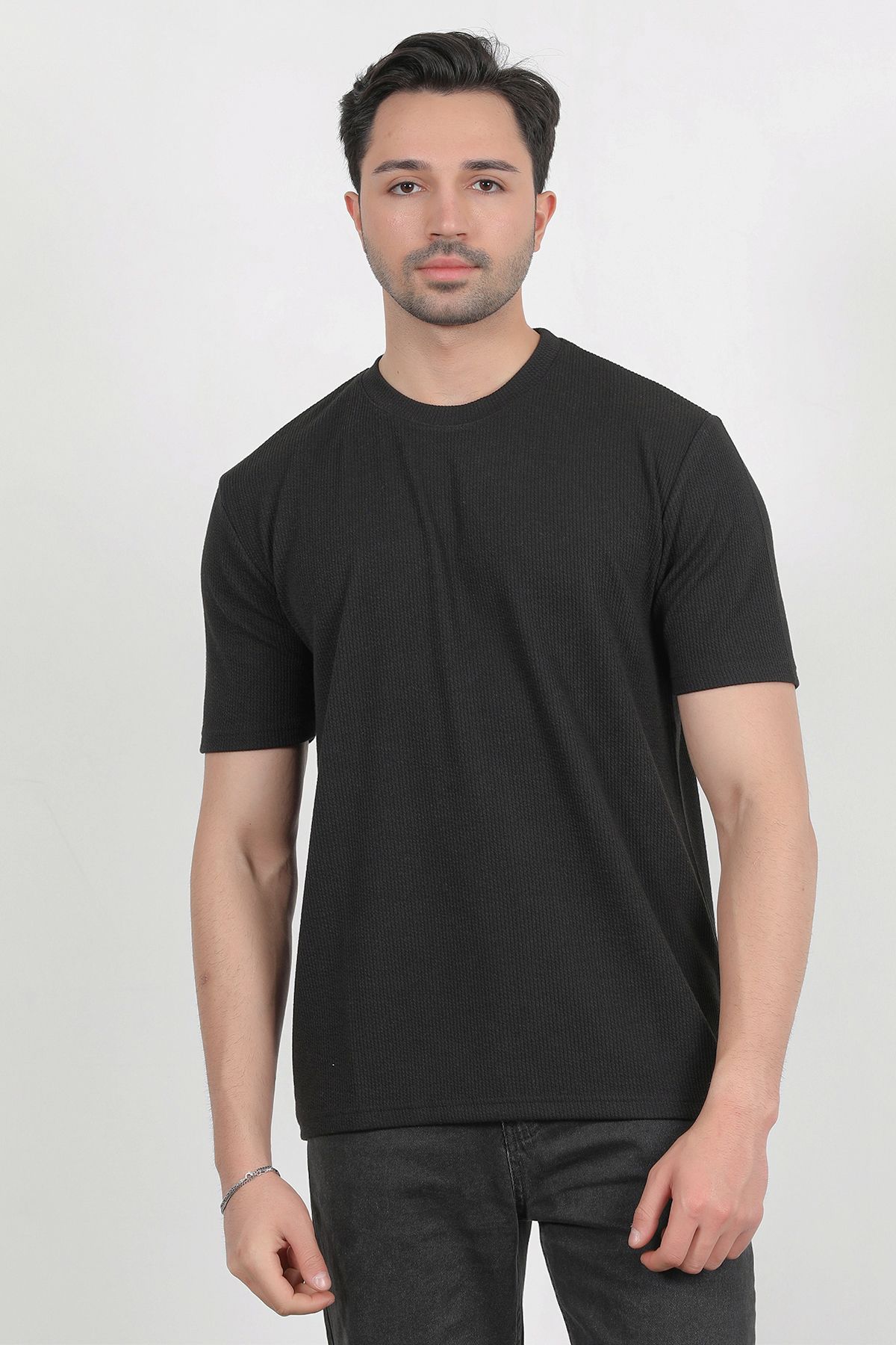 JB John Borners Erkek Bisiklet Yaka Kısa Kol Dokulu T-Shirt Siyah - 2767