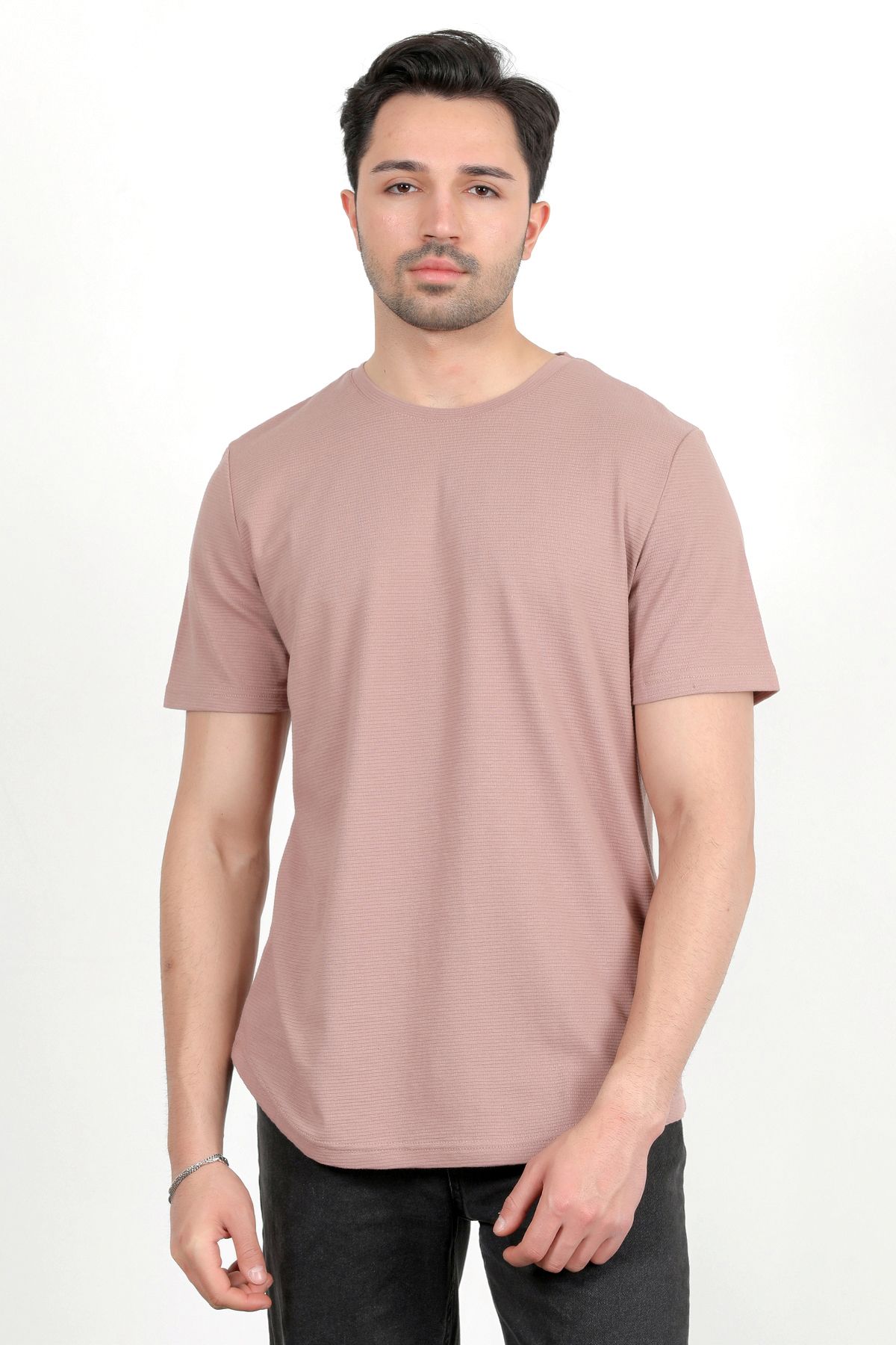 JB John Borners Erkek Bisiklet Yaka Etiket Detaylı Dokulu T-Shirt Pudra - 2743