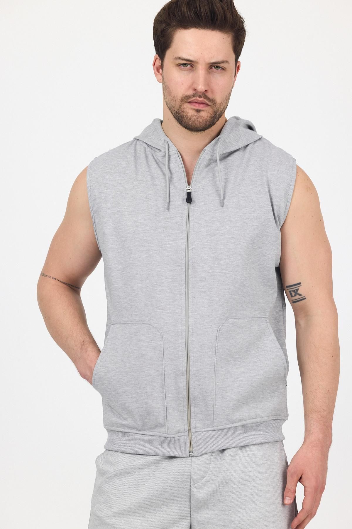 DAMGA JEANS Erkek Kapüşonlu Kolsuz Fermuarlı Yazlık Uzun Gri Sweat Yelek