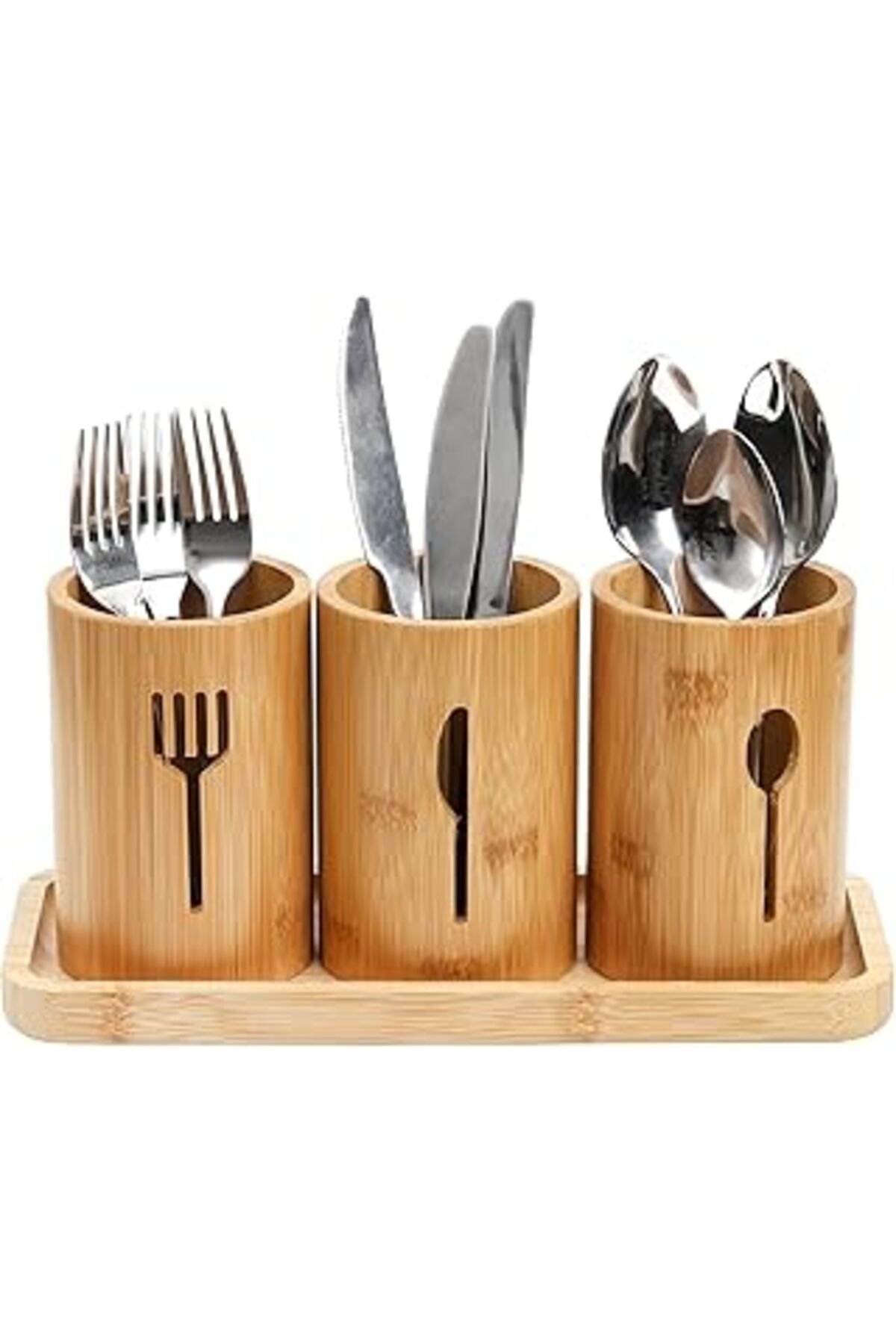 karadağsb Bambu Tezgah Üstü Kaşıklık 3'Lü Organizer Set - Kaşık, Çatal, Bıçak Mutfak Malzemeleri Için Delikli