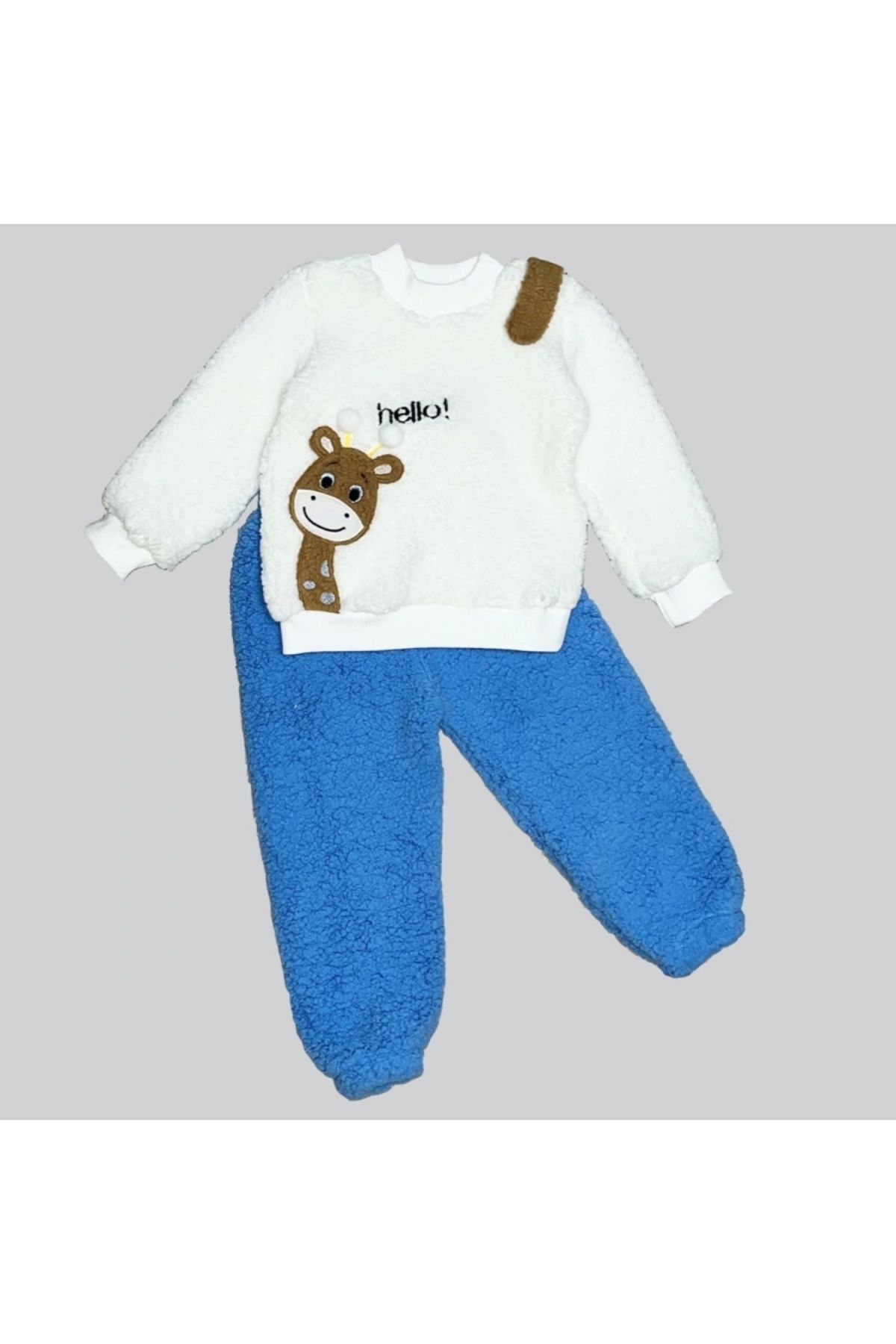 Diji Baby 1-2-3 Yaş Hello Zürafa Nakışlı Kuzu Kumaş Sweat Pantolon Uzun Kollu Kız Erkek 2 Li Takımı
