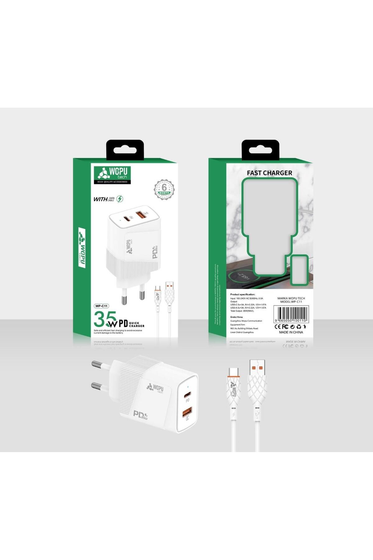 WOPUTECH WOPU TECH 35 W TYPE-C VE USB GİRİLŞLİ HIZLI ŞARJ SETİ ORİJİNAL WOLT