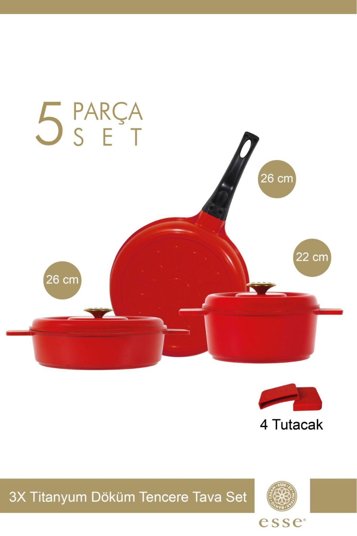 Esse Döküm Tencere Tava Seti 5 Parça 3X Titanyum 26cm Tava 26cm Kısa 22cm Derin