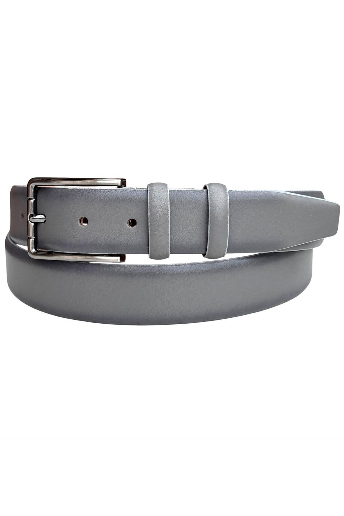 S.S SÜZER DERİ-Gray Genuine Leather Solid Color Model 3.5 Cm. Classic Belt with Buckle - 215-Solid 3