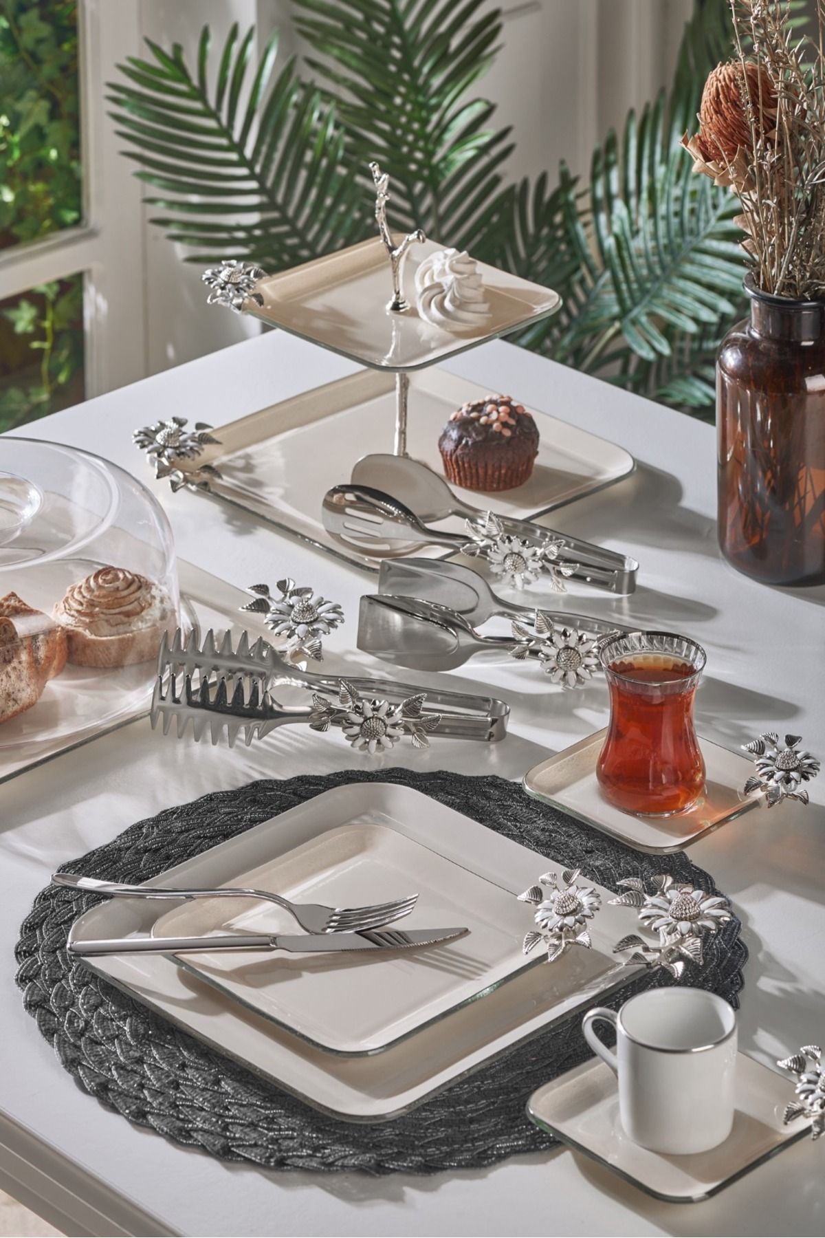 G&G Glass and Glass G&G - Papatya Sultan-ı Yegah Yaprak Platin 6 Kişilik 34 Parça Çay Vakti