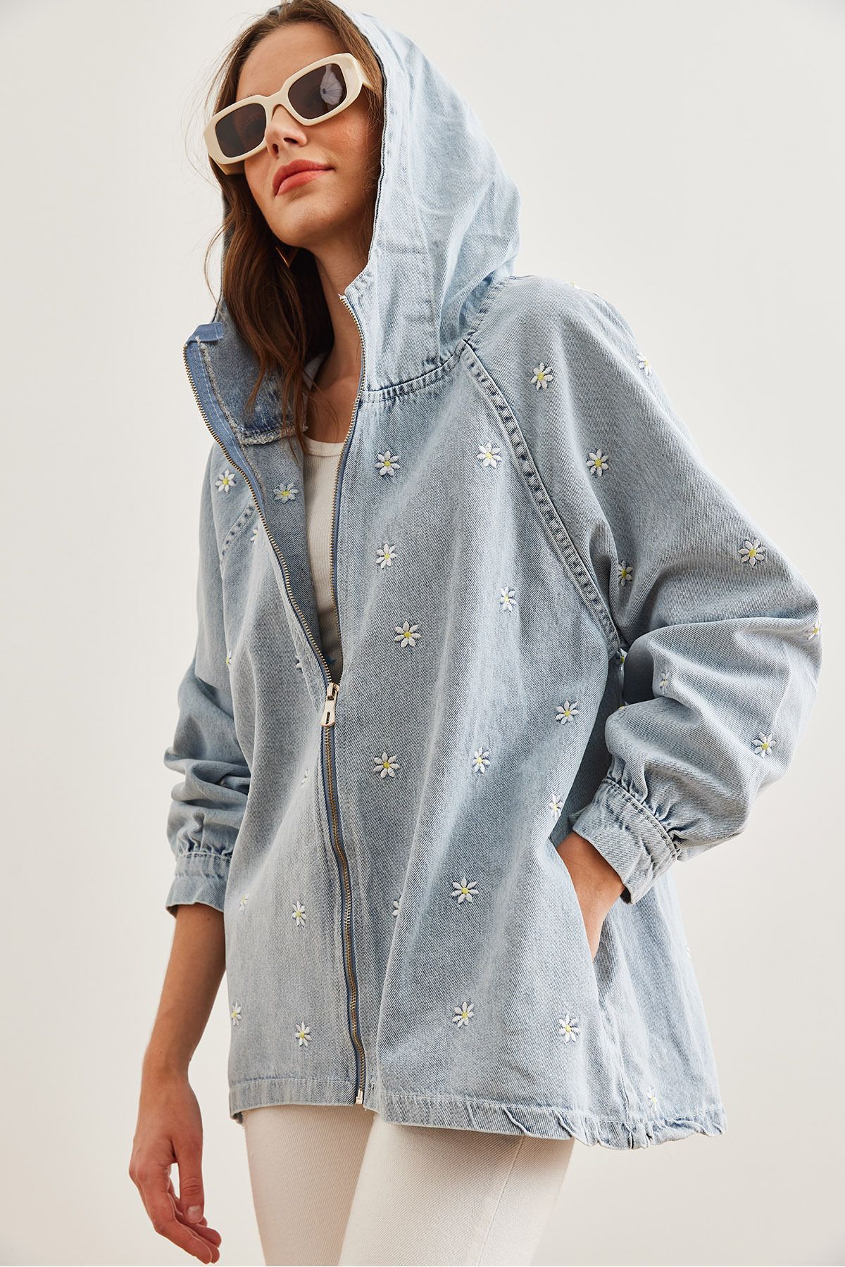 Olalook-Jachetă de damă din denim cu glugă cu broderie albastră - buzunare, fermoar CKT- 19000380 4