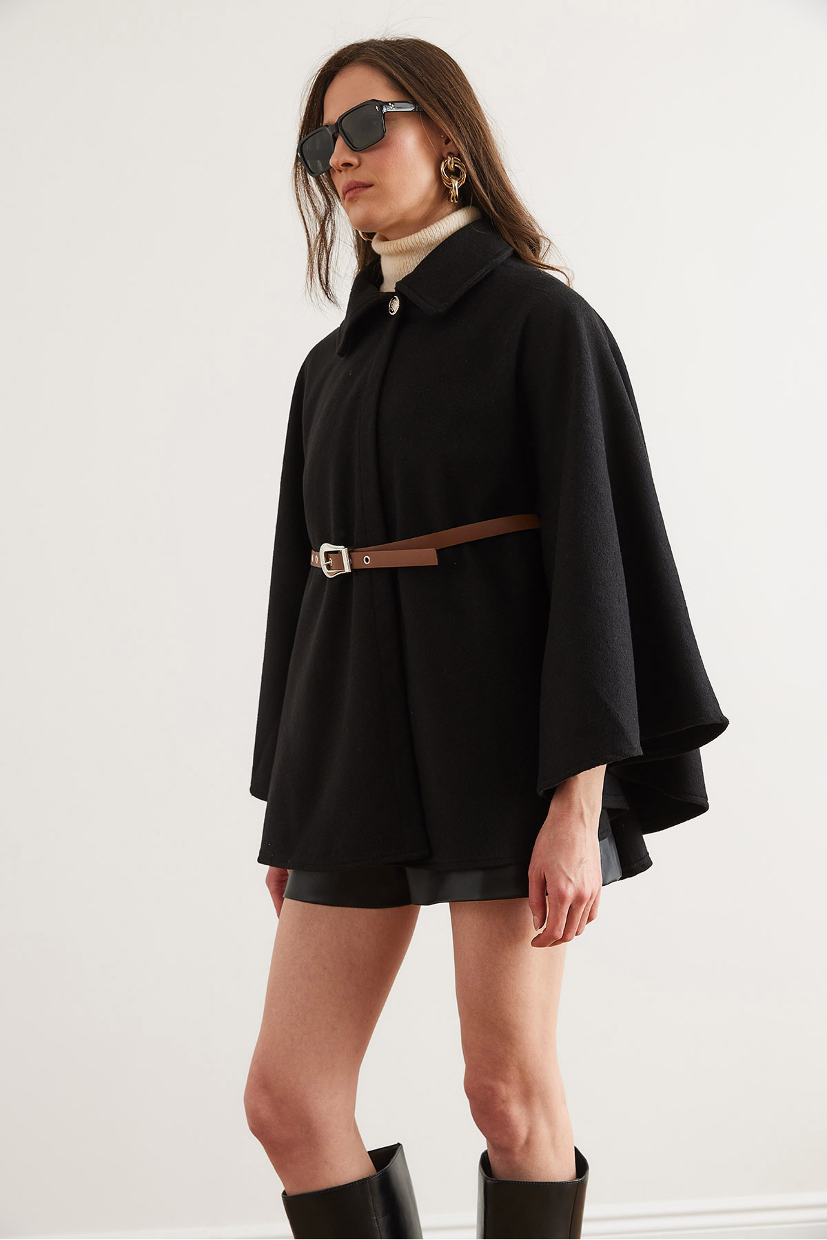 Olalook-Schwarzer Damen-Poncho-Cardigan aus Kaschmir mit Gürtel HRK- 19000339 3