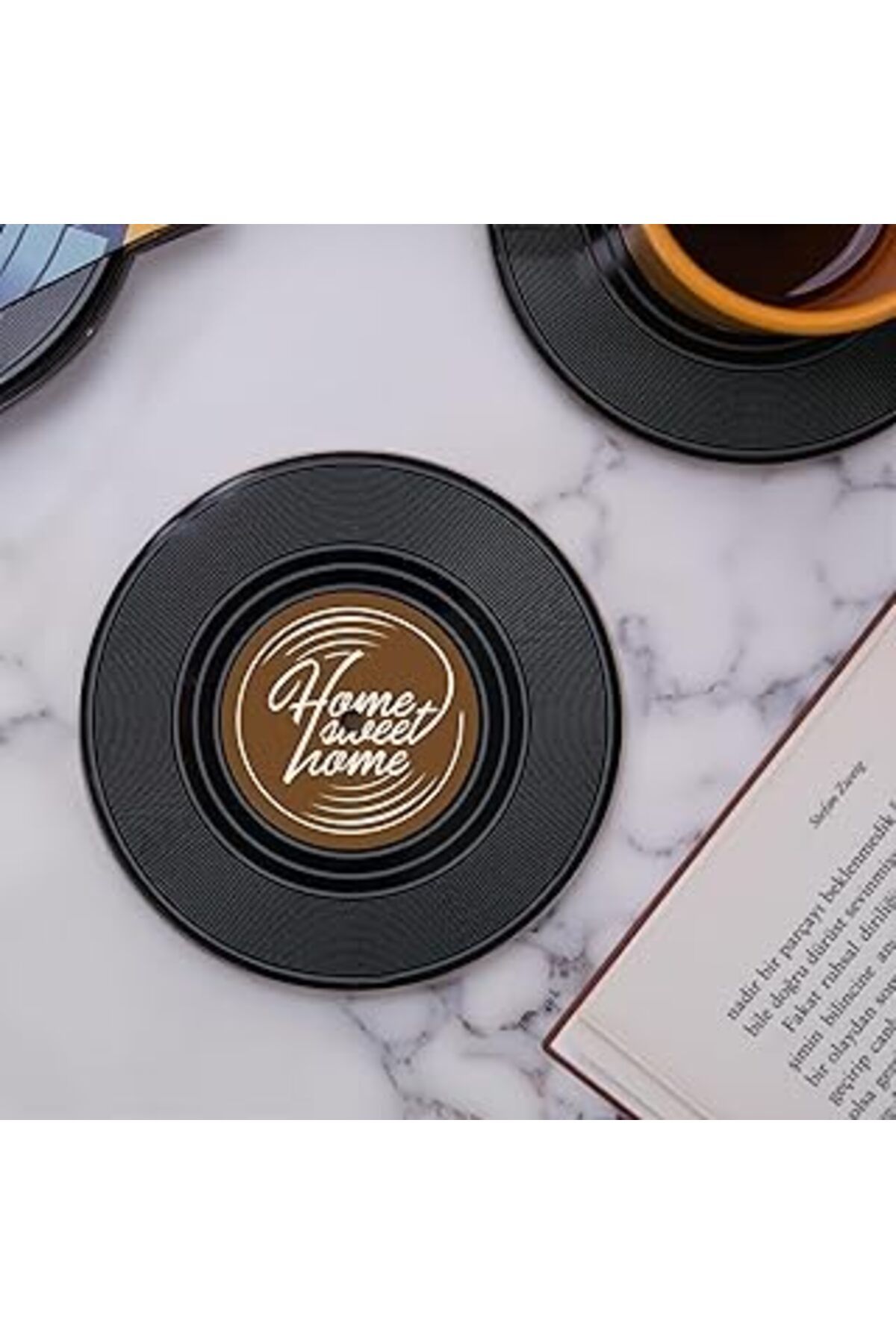 karadağsb Hediyesepeti Home Sweet Home Retro Plak Tasarımlı Bardak Altlığı - 6'Lı Set