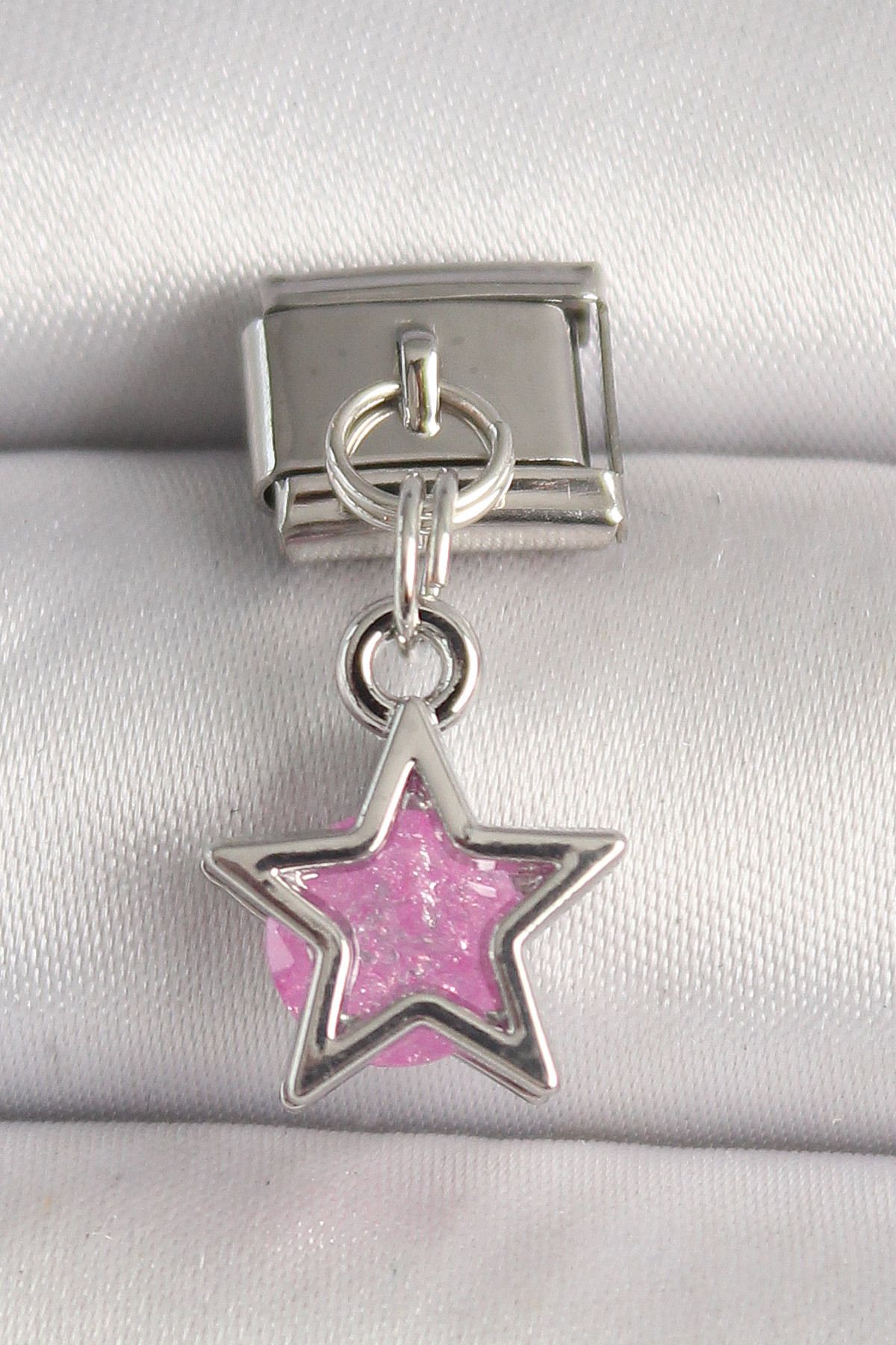 NEX 316L Çelik Gümüş Renk Pembe Zirkon Taşlı Yıldız Model Nomination Charm