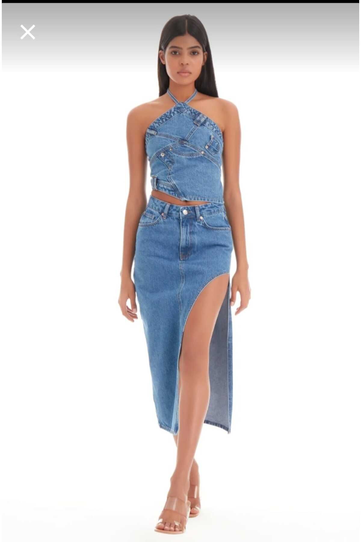 Semesia Yan Yırtmaç Detaylı Denim Etek