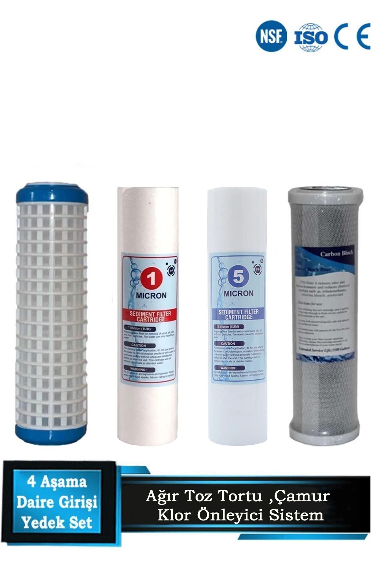 Filter Store Daire Bina Sayaç Girişi 10" Inch 4 Aşama ( Yıkanabilir,1 Mikron,5 Mikron,blok ) Yedek Filtre Seti