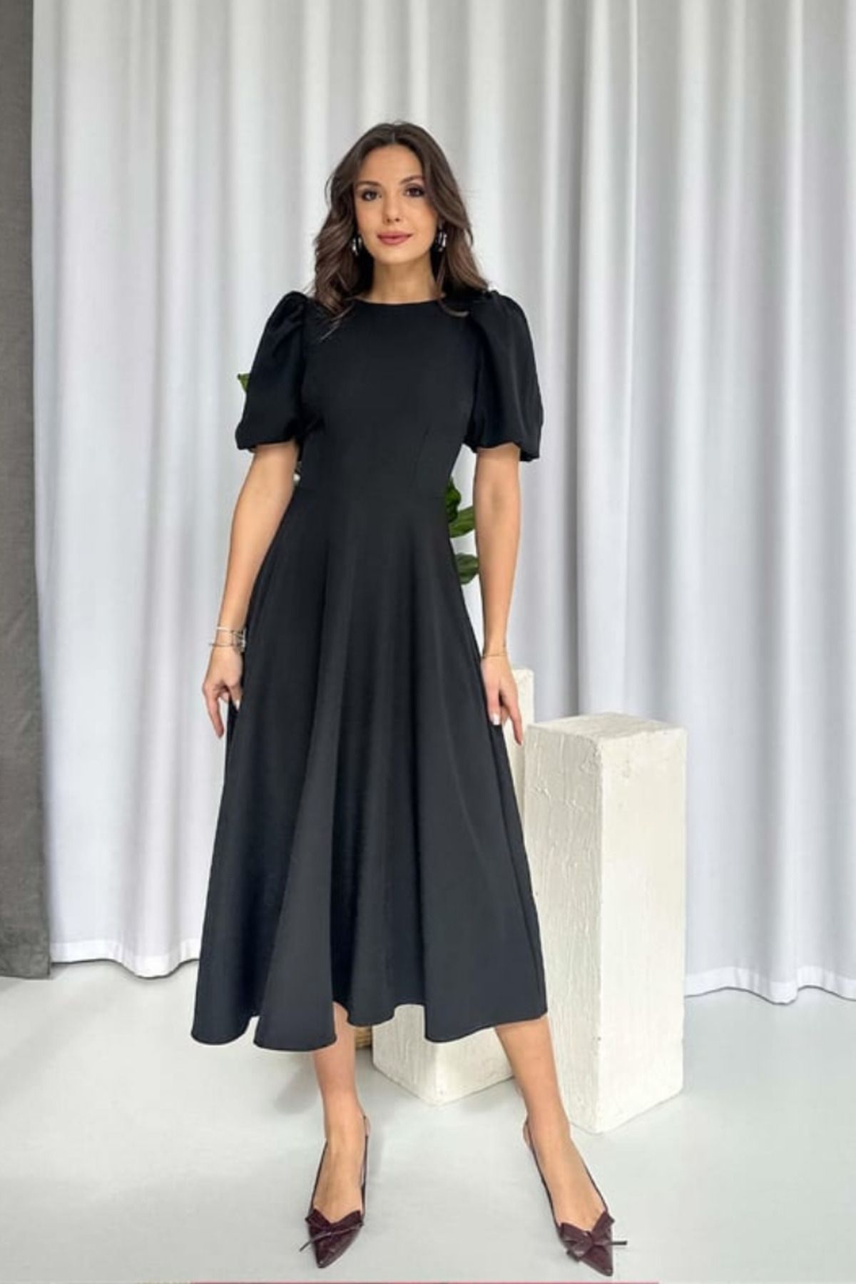 moda wanilia Kadın Balon Kollu Eteği Kloş Midi Krep Elbise