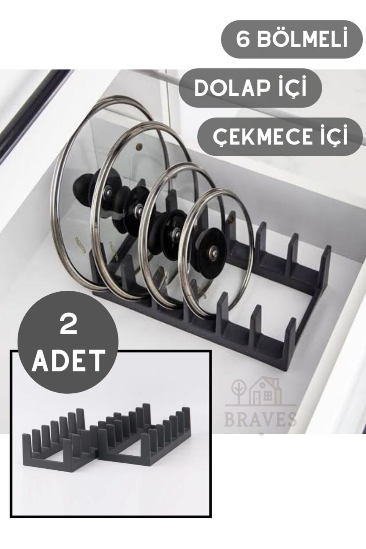BRAVES 2 Adet Antrasit Renkli Tencere Kapağı Düzenleyici Dolap İçi Düzenleyici