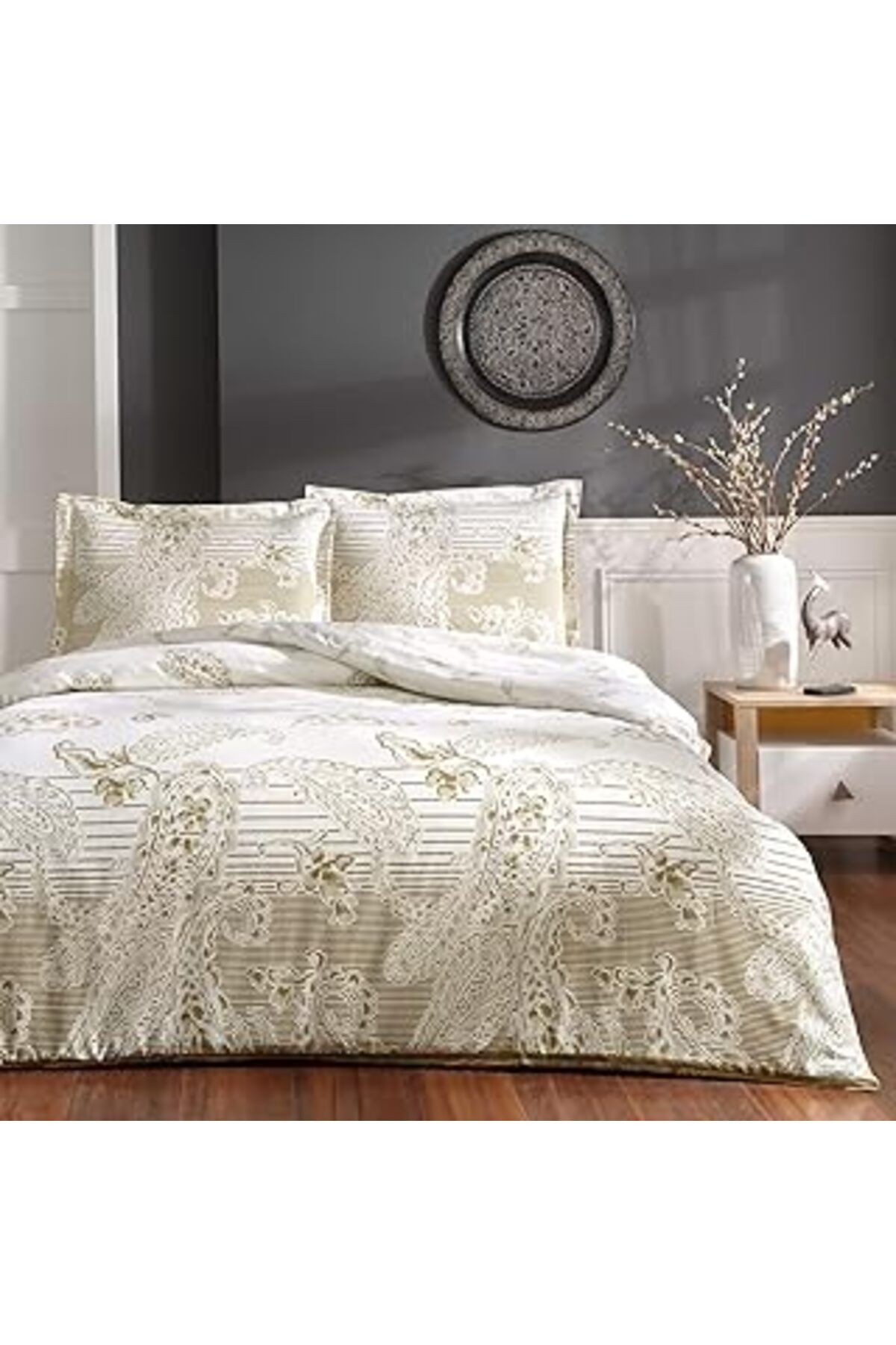 jupiter global bazaar Taç Paisly Desenli%100 Pamuk Saten Nevresim Takımı, Gold, Çift Kişilik