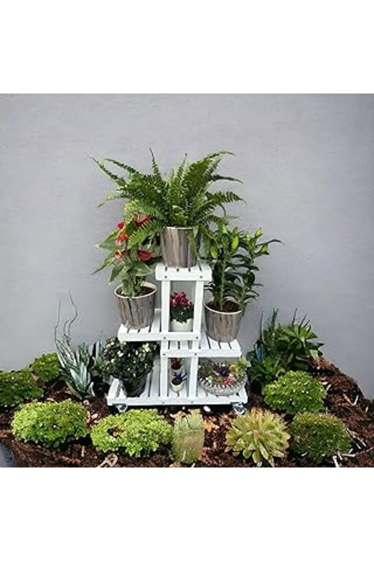 Mu Art Ahşap Veher Ahşap (Çam) Beyaz Renk 4 Katlı Bitki Standı, Kilitlenebilir Tekerlekler + Mini Bahçe Seti + M