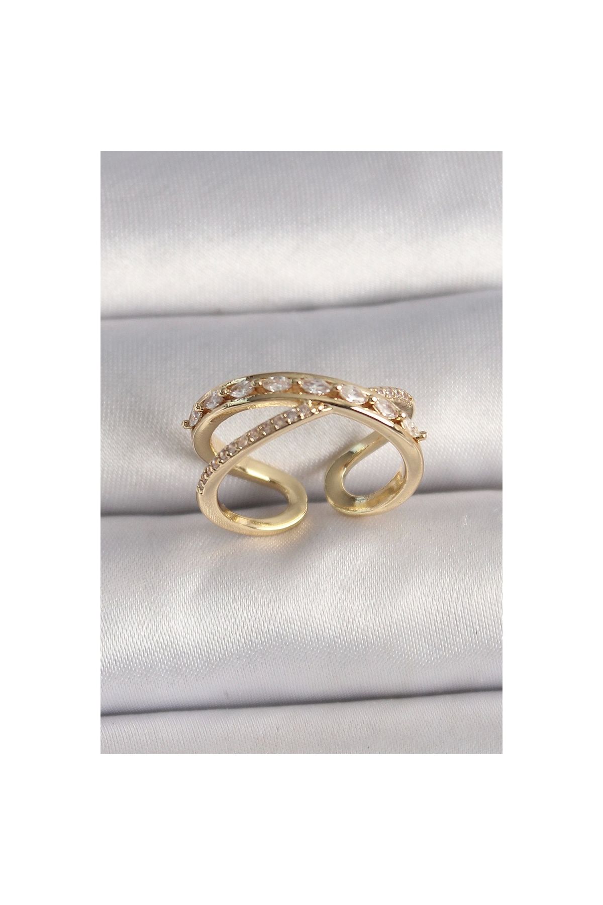 Narnuga Pirinç Gold Renk Zirkon Taşlı Ayarlanabilir Kadın Yüzük - TJ-BYK3577