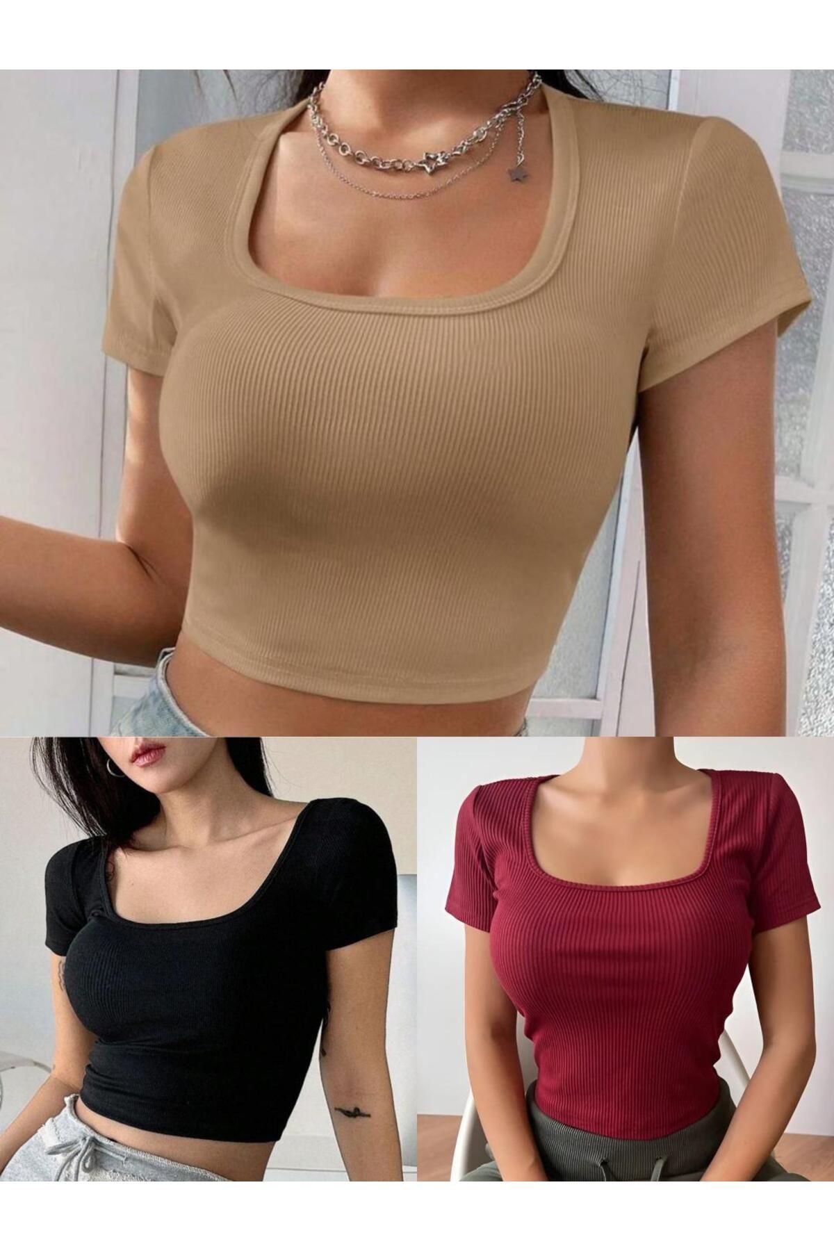 ÖZ PAMUK Kadın 3 Lü Adet Siyah Fitilli Pamuklu Örme Kare Yaka Crop T-shirt BLUZ