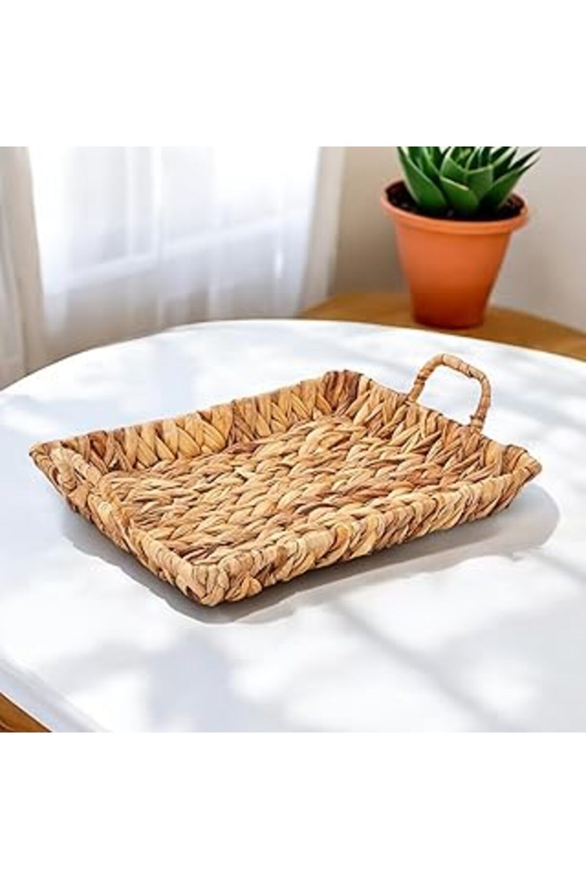 karadağsb Deconox El Yapımı Su Sümbülü Hasır Kulplu Dekoratif Tepsi Büyük Boy (32Cm*25Cm*4Cm)