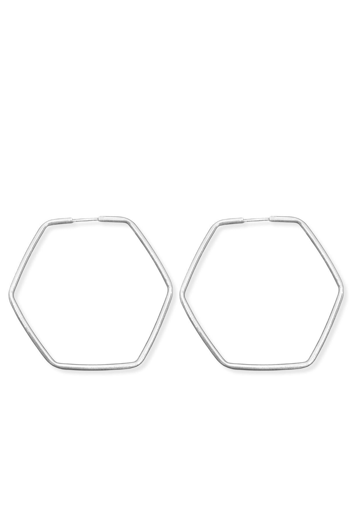 oya silver İnce Altıgen Halka Gümüş Küpe 4.5CM