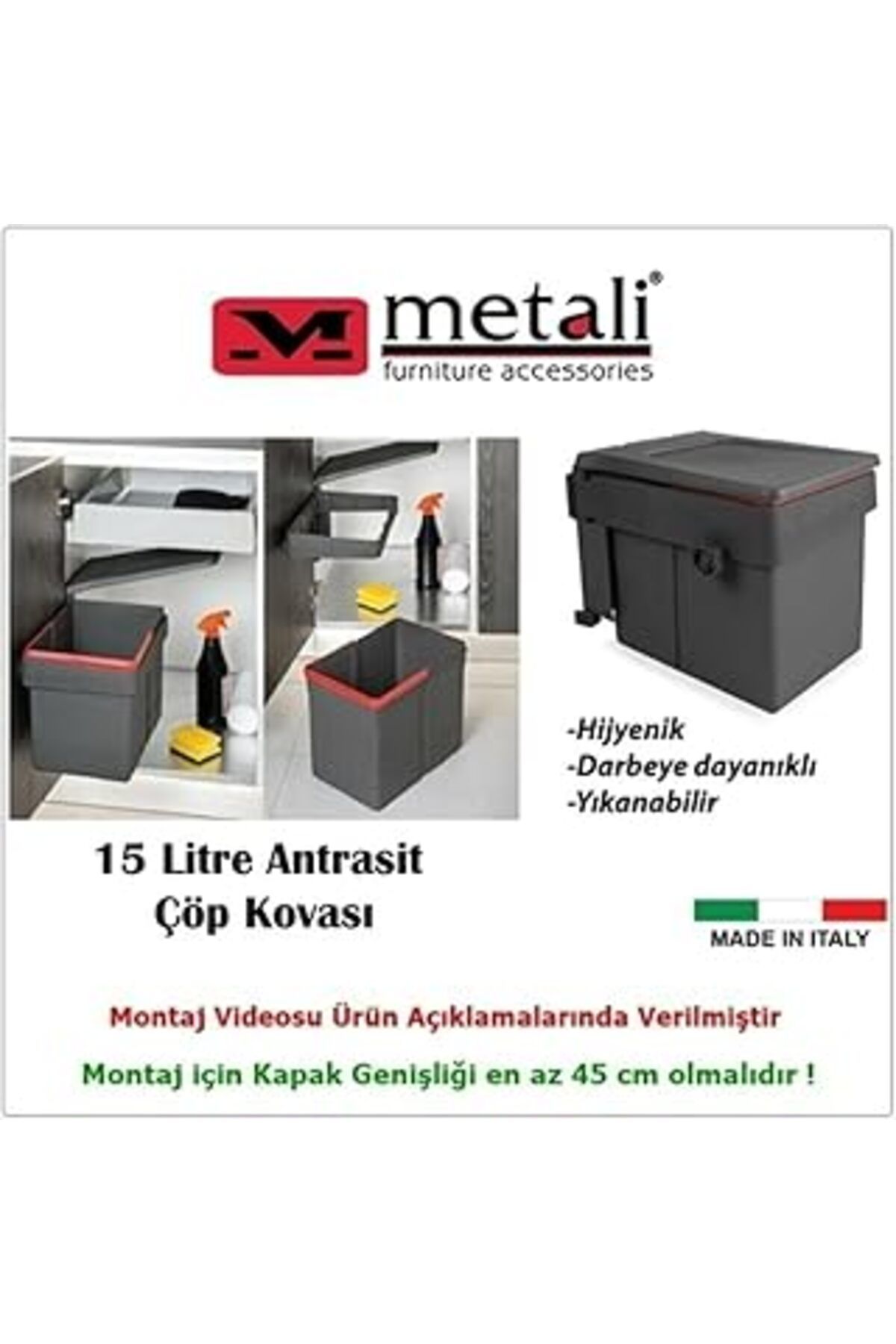 NZM TİCARET Metali Dolap Içi Çöp Kovası Antrasit 15 L