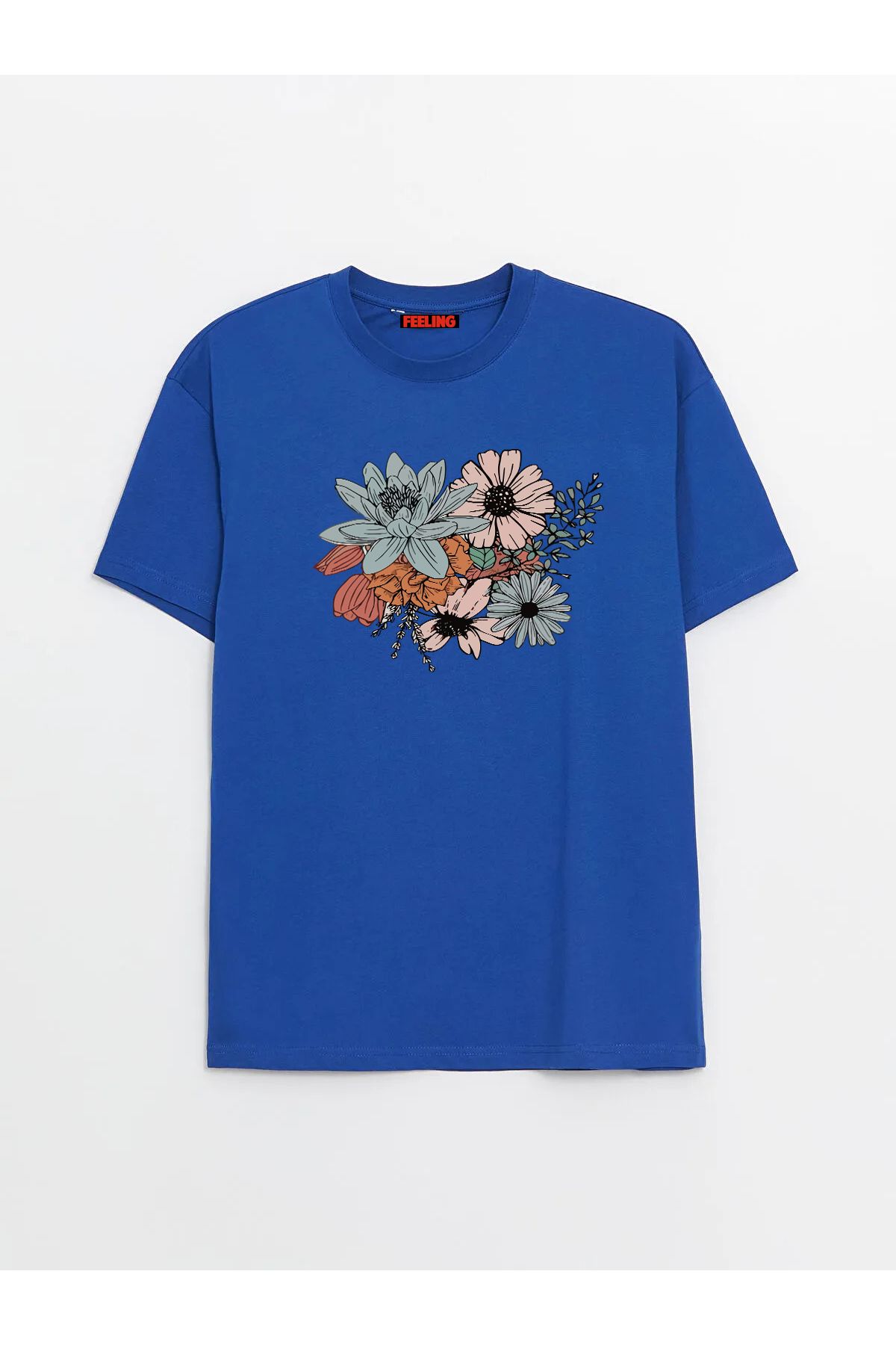MARKATEM Unisex Yumuşak Dokulu Kadın Erkek Slim Fit Bisiklet Yaka Pamuklu Çiçek Baskılı Basic T-shirt