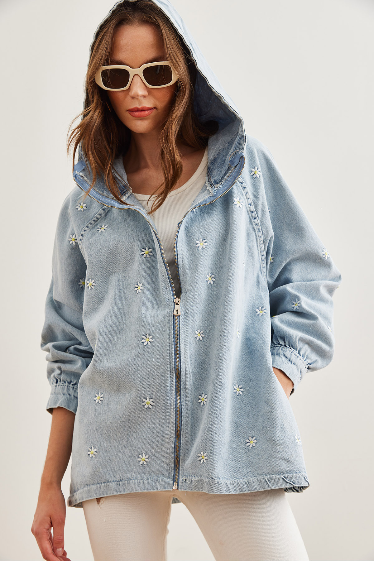 Olalook-Jachetă de damă din denim cu glugă cu broderie albastră - buzunare, fermoar CKT- 19000380 8