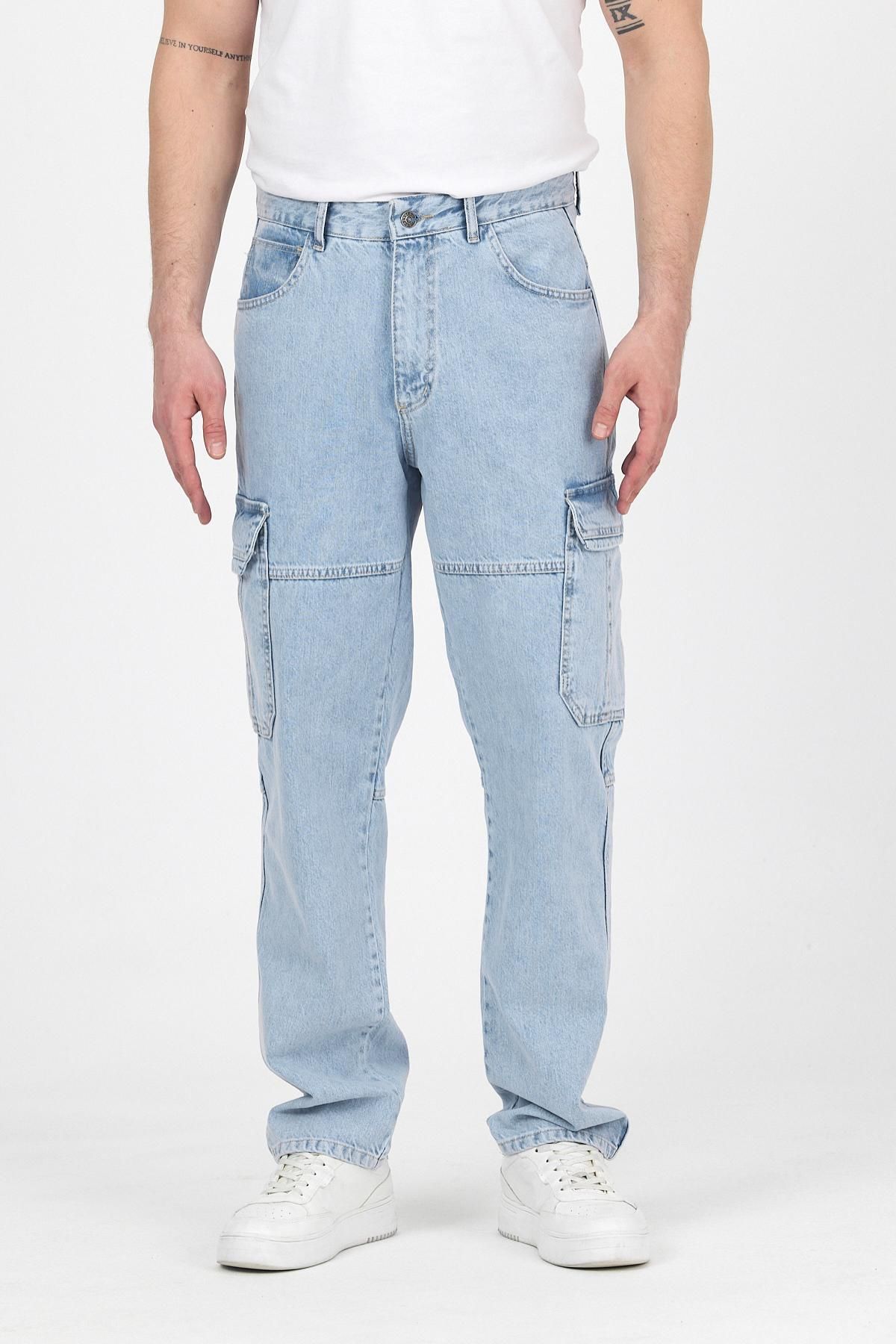 DAMGA JEANS Erkek Yıkama Detaylı Jeans Bol Paça Kargo Cepli Baggy Pantolon Buz Mavi