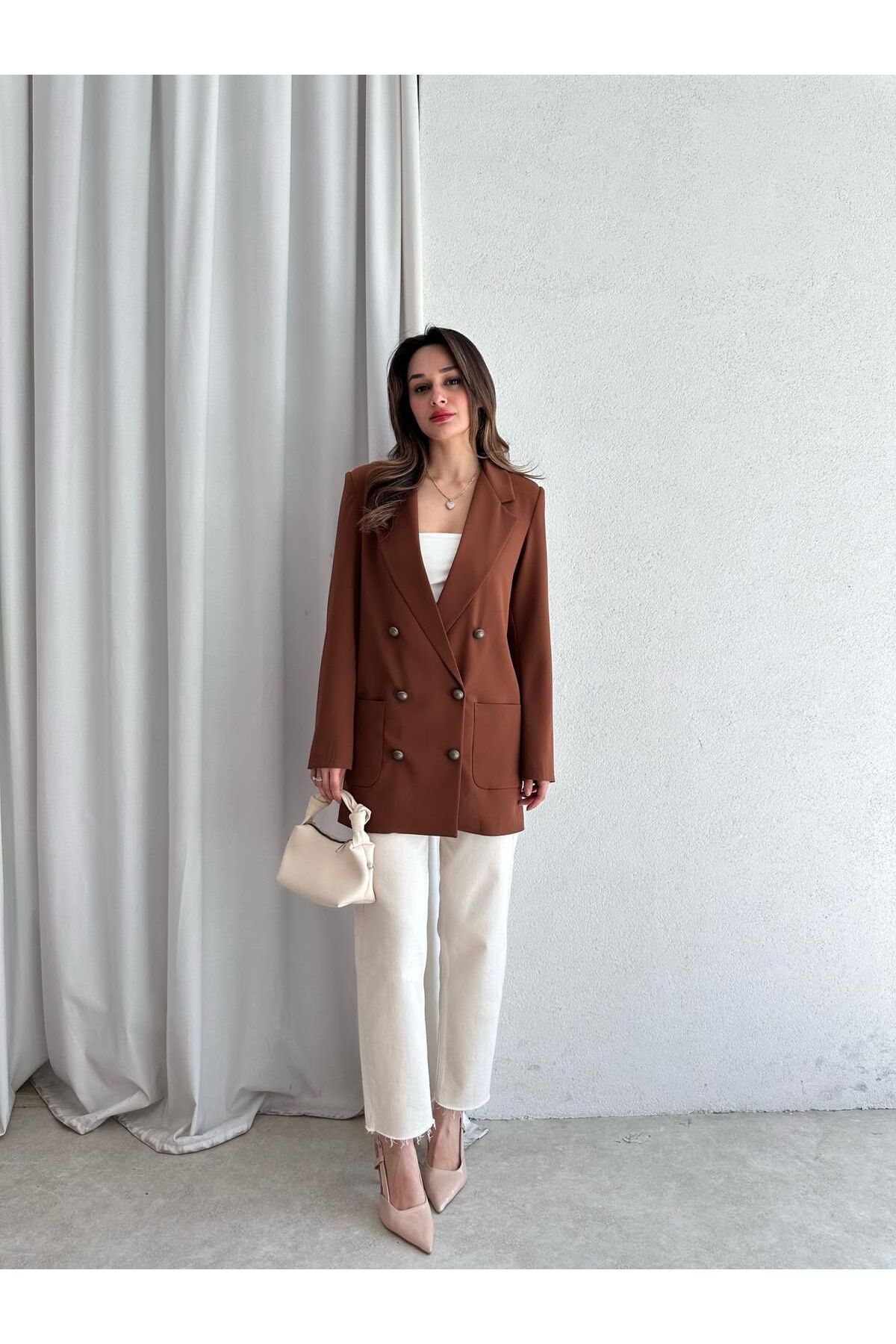 BUTİK ELAJ Kadın Kahverengi Torbacep Kruvaze Blazer Ceket