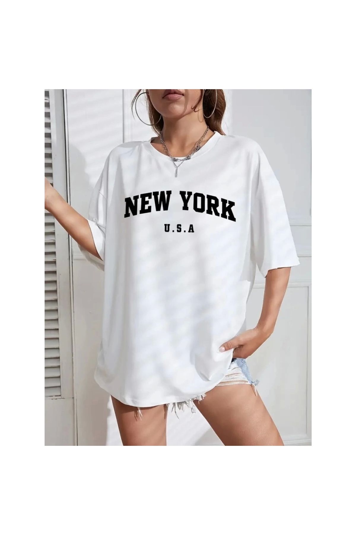 Marsilyan - New York Baskılı Oversize Bisiklet Yaka Tshirt