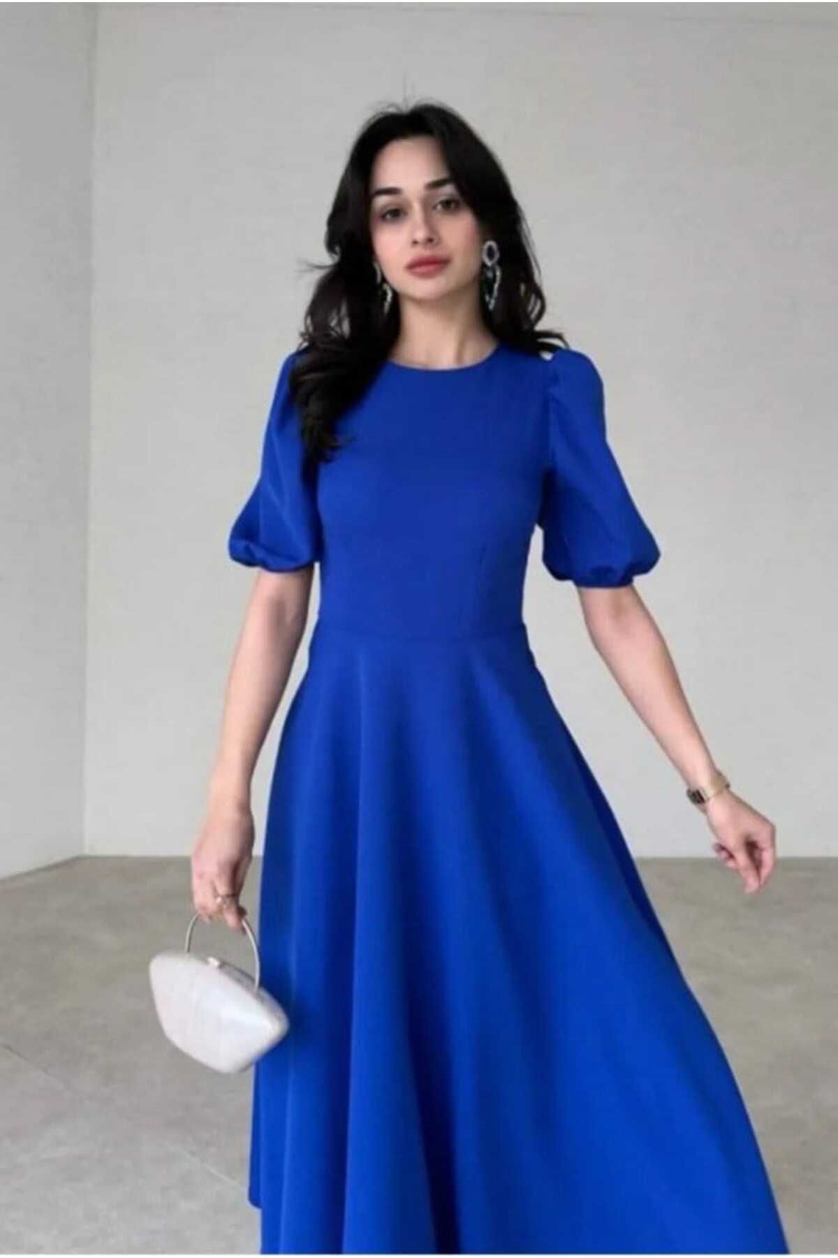 Kokosh moda Kadın Balon Kollu Kloş Detaylı Midi Krep Elbise