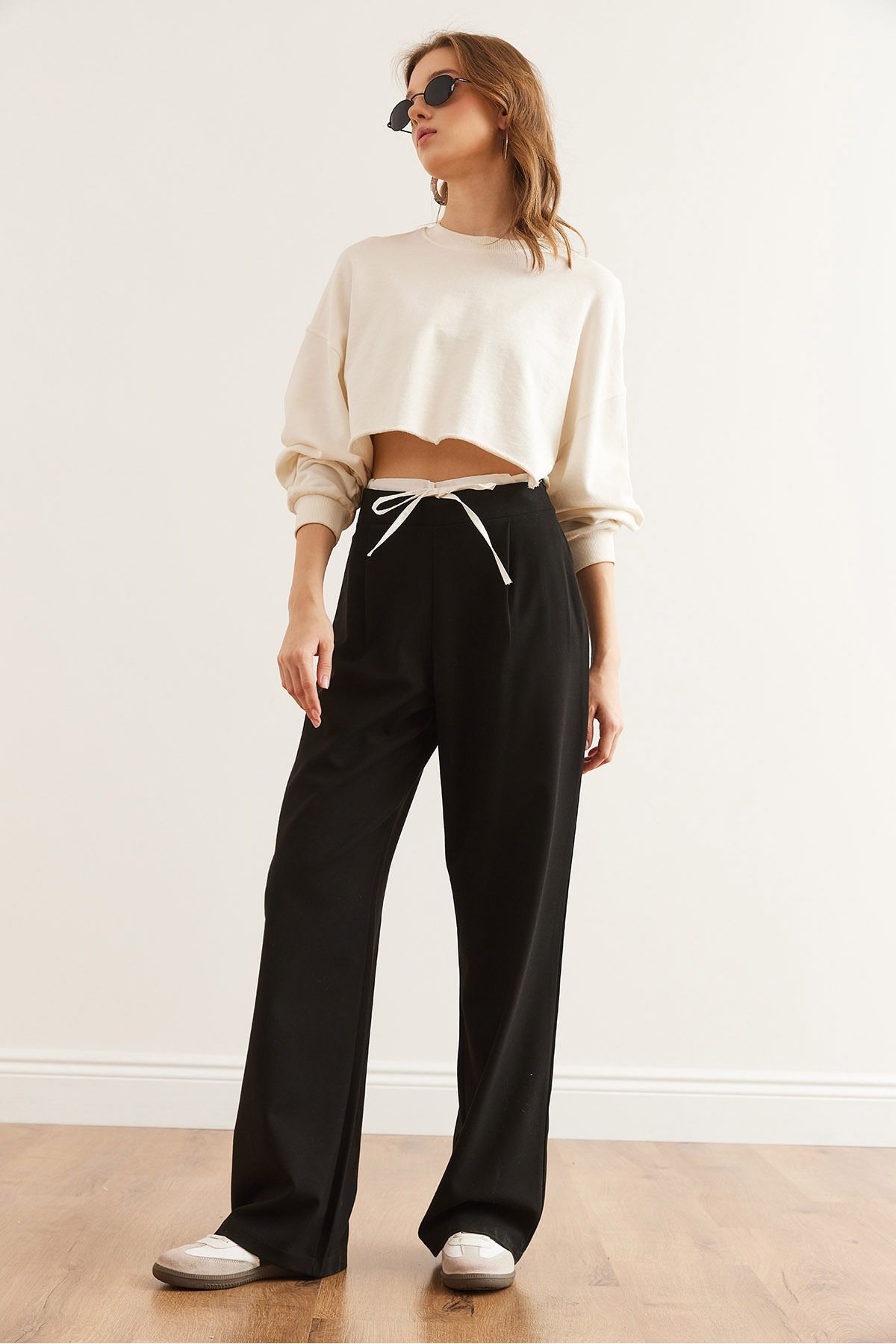 Olalook-Women's Black Boxer Detailed Drawstring Palazzo Pants Pnt- 19000315 5
