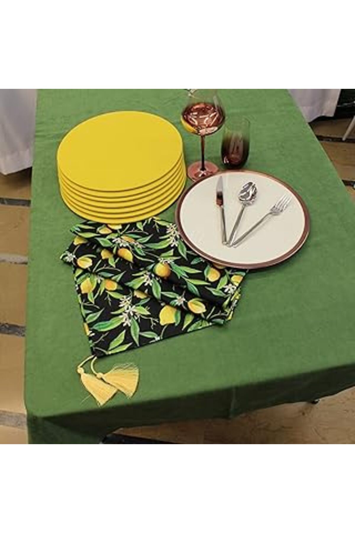 TBSProjects Limon Desenli Siyah Zemin Arka Plan Dijital Baskılı Runner Amerikan Servis 40X150 Cm