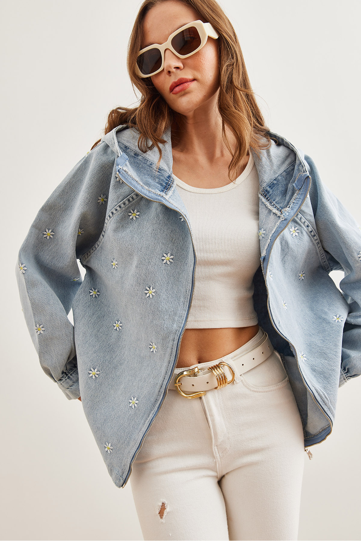 Olalook-Jachetă de damă din denim cu glugă cu broderie albastră - buzunare, fermoar CKT- 19000380 2