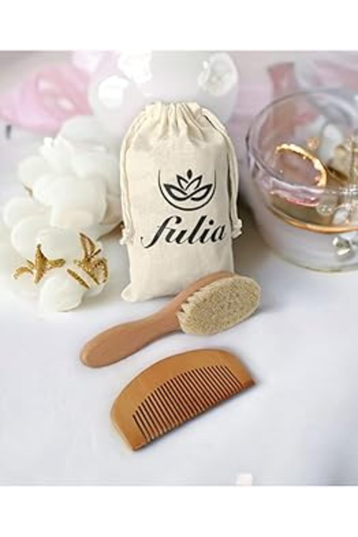 Pazarcan Fulia Elegance Doğal Keçi Kılı Bebek Saç Fırçası Ve Doğal Ahşap Tarak 2'Li Set - Midi Boy
