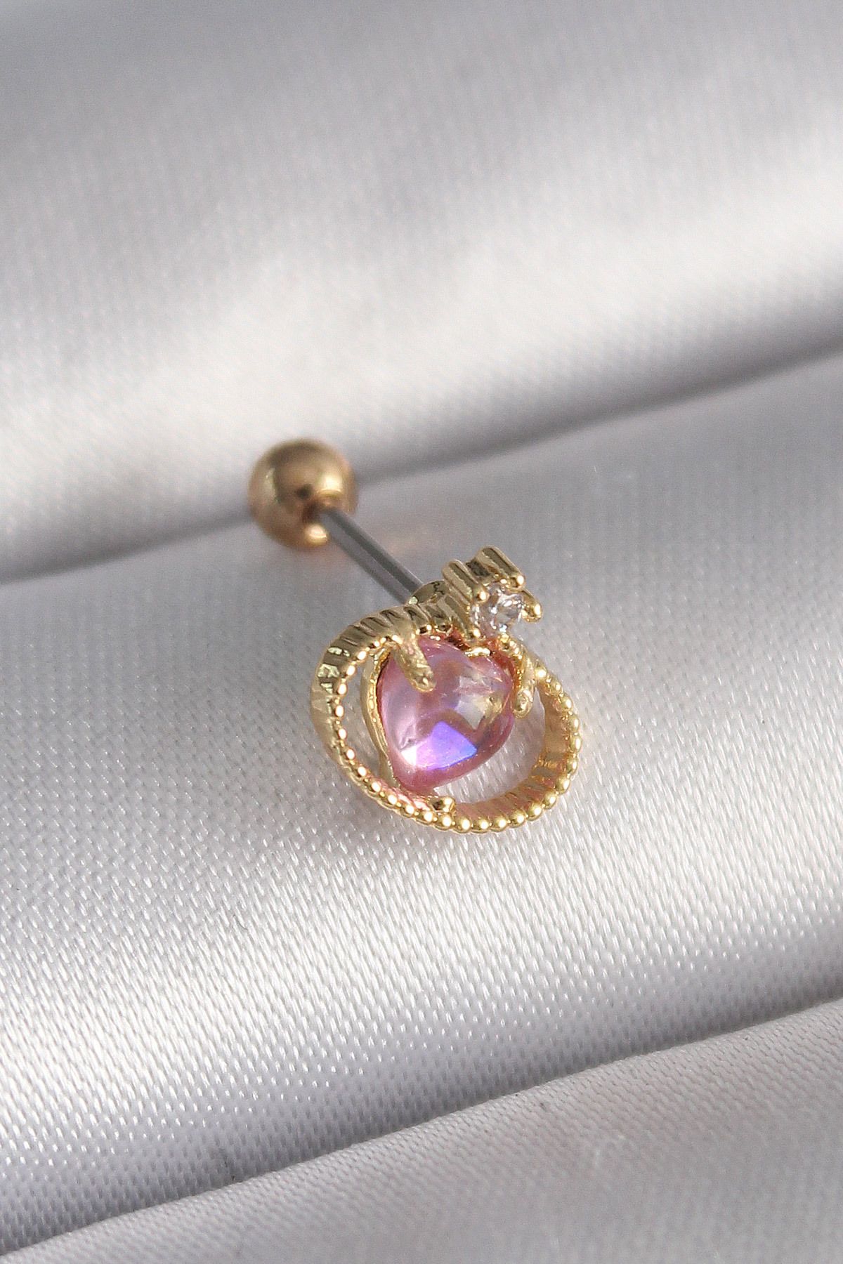 robotrend 316L Çelik Gold Renk Pembe Mineli Kalp Zirkon Taş Detay Tragus Piercing