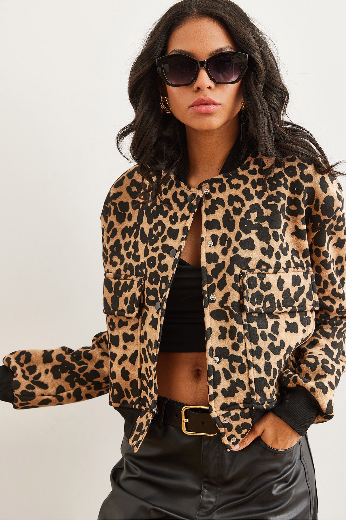 Olalook-Leopard Print Camel Crop Jacket - Pockets and Fleece, Snap Closure Ckt- 19000365 1