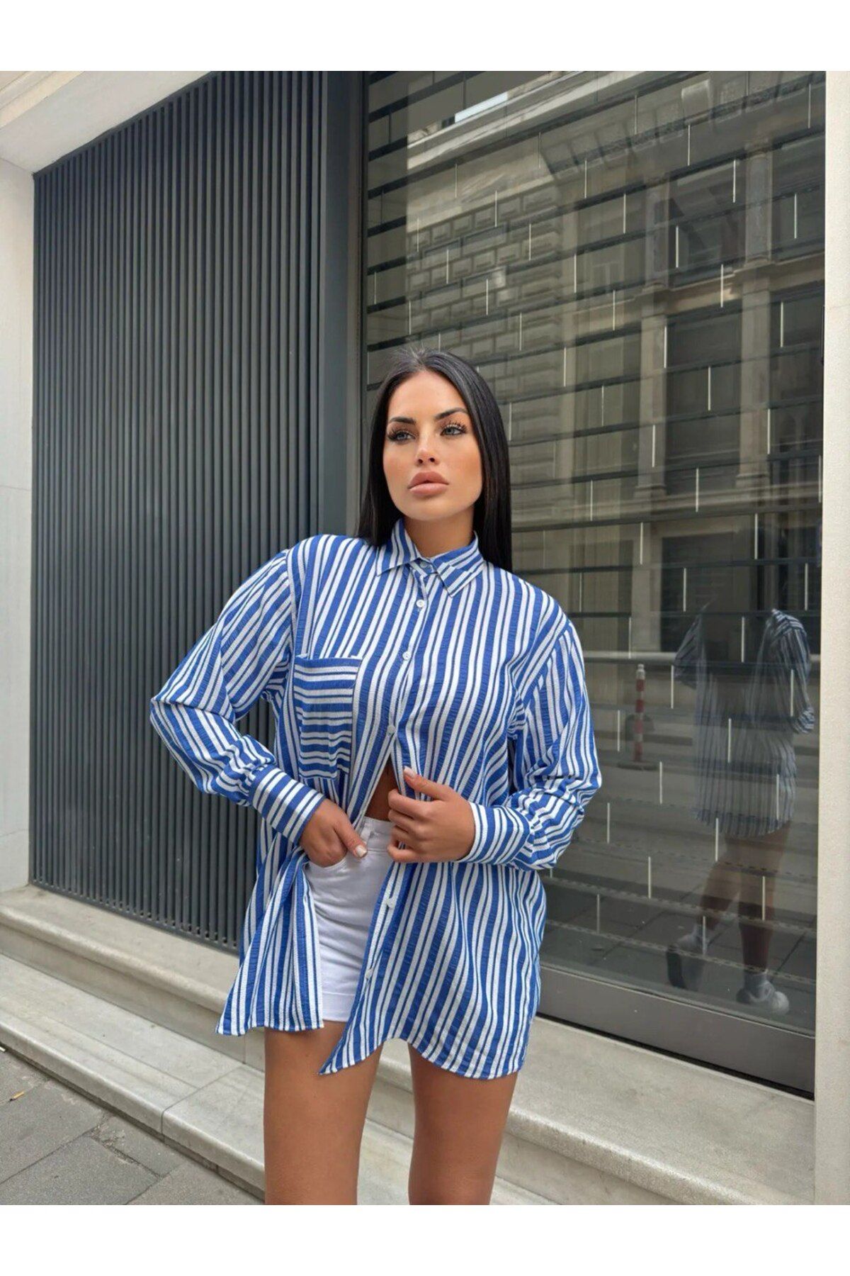 Butik GOFRE KETEN ÇİZGİLİ OVERSİZE GÖMLEK