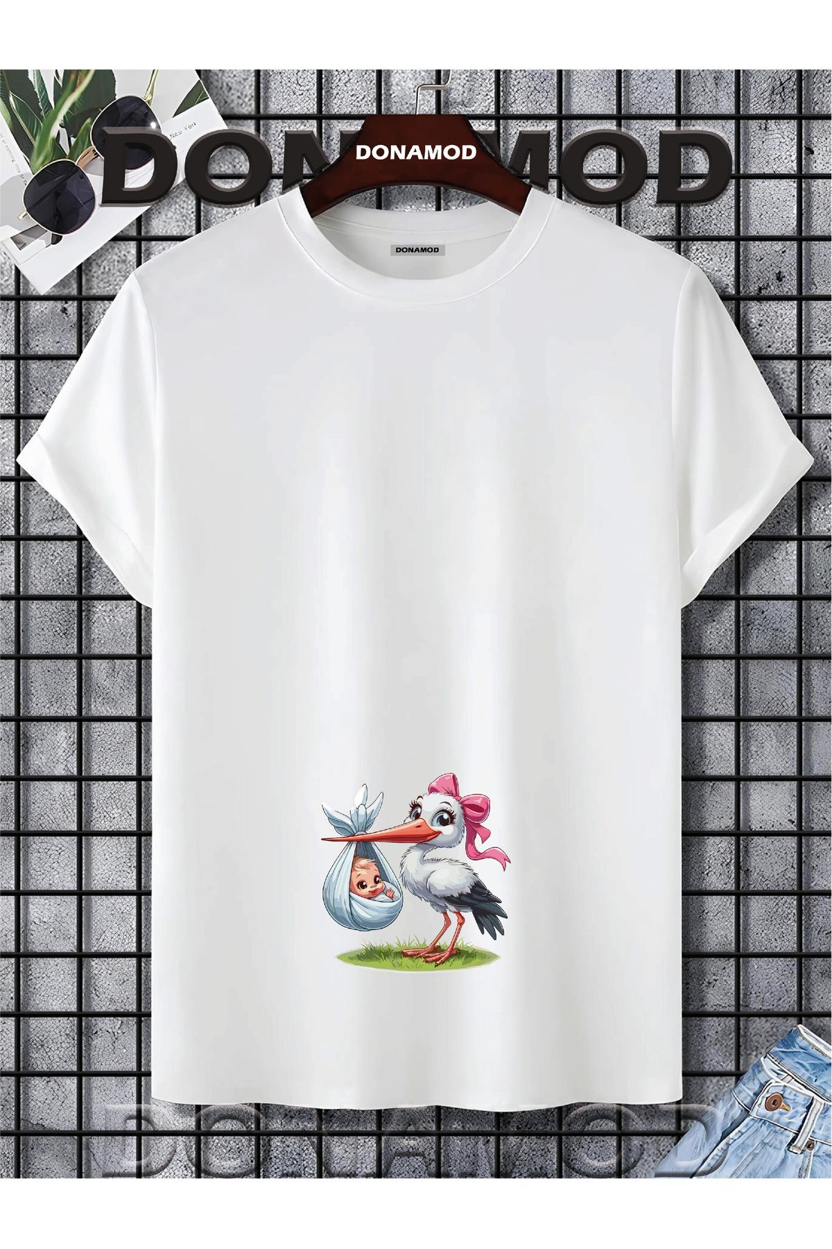 donamod Siyah Beyaz Unisex Kısa Kollu Oversize Geniş Kalıp Hamile Bebek Anne Hediye Tasarımlı Tişört T shirt