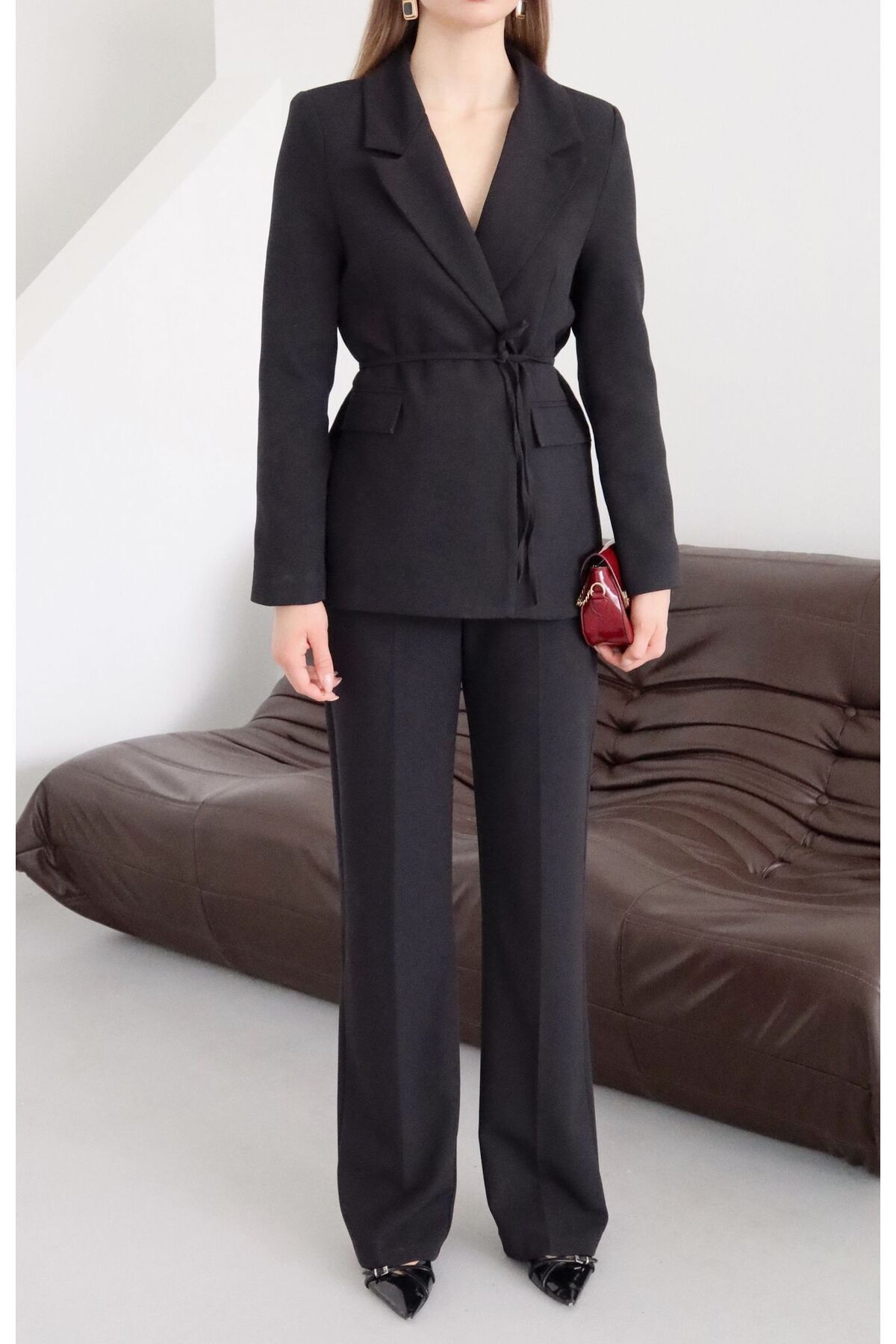 Belted Blazer Jacket Trousers Set